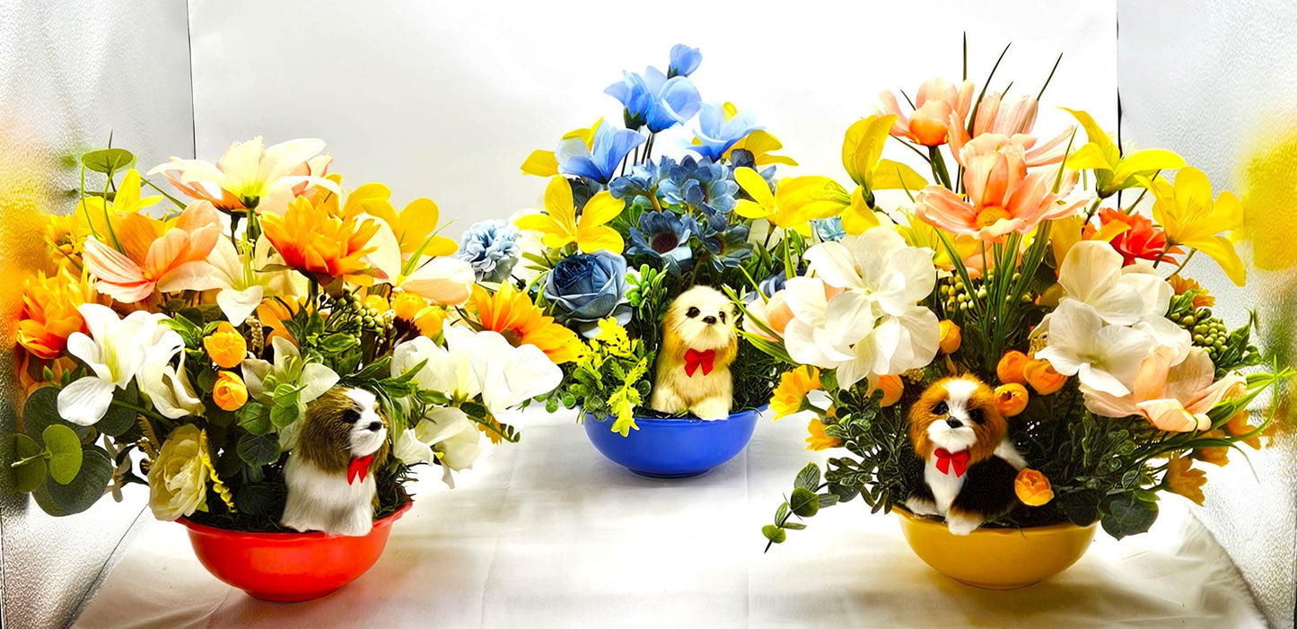 Dog Lover's Flower Centerpiece in Yellow, Orange, or Blue Bowl - Vibrant Spring/Summer Floral Arrangement