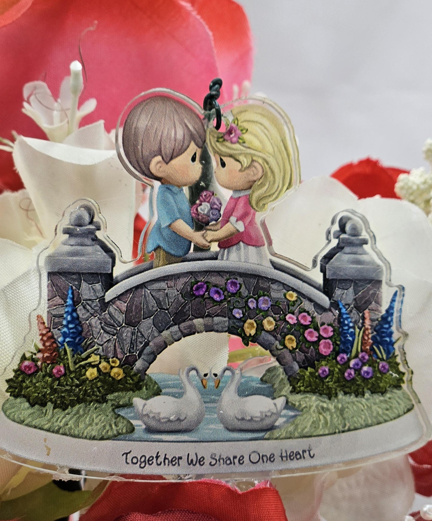 Happy Anniversary Flower Arrangement Features Shadow Kissing Couple, Sentimental Sign, Together We Share One Heart, Shiny Hearts/Pearl Trim