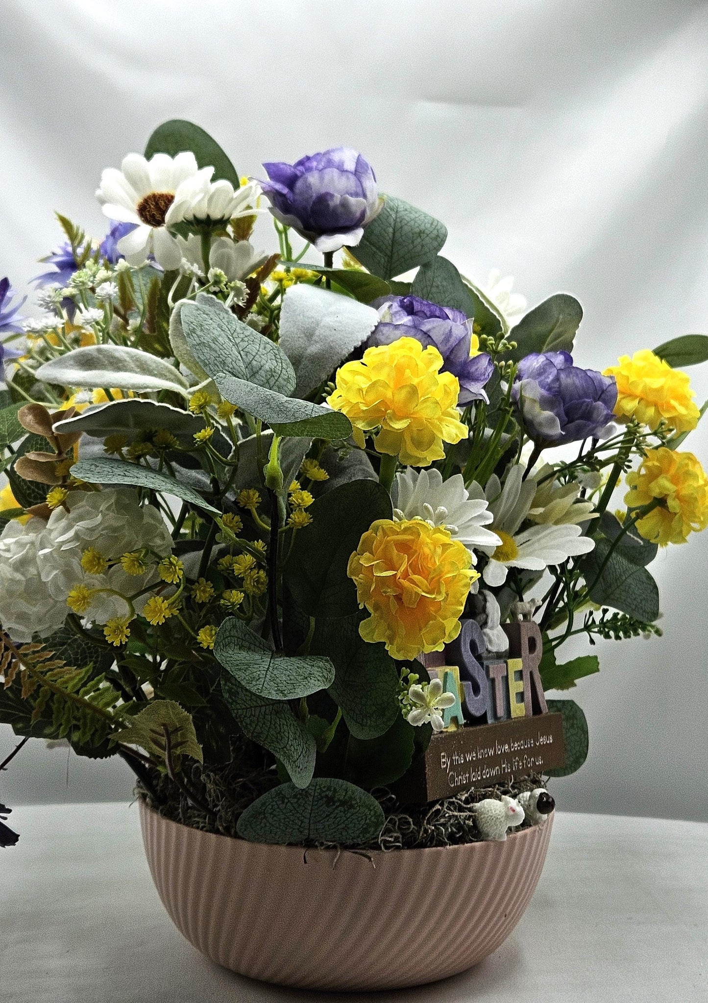 Easter Cross Floral "By This We Know Love Because Jesus Christ Laid Down His Life For Us" Quote/Sheep/Blue/Yellow/Greenery/Happy Easter
