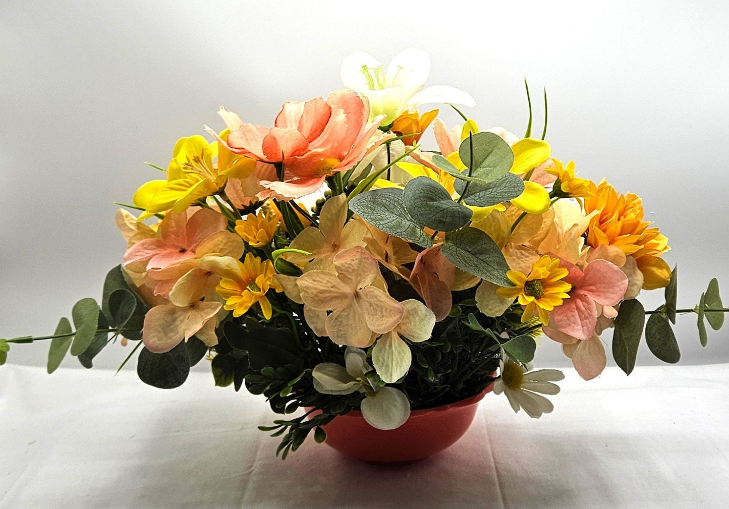 Dog Lover's Flower Centerpiece in Yellow, Orange, or Blue Bowl - Vibrant Spring/Summer Floral Arrangement