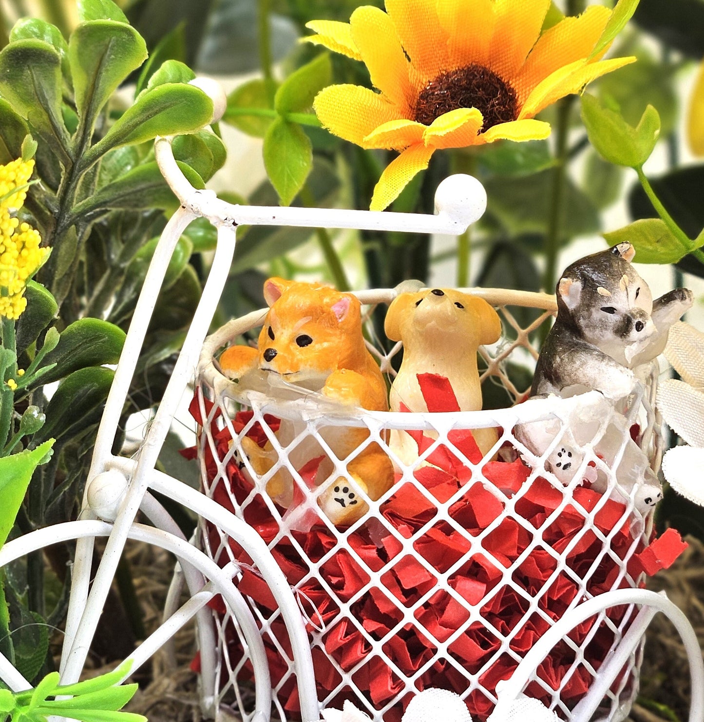 Dog Lovers' Bike Basket with Puppies, Sunflower Wildflower Delight, Whimsical Gift, Housewarming Present