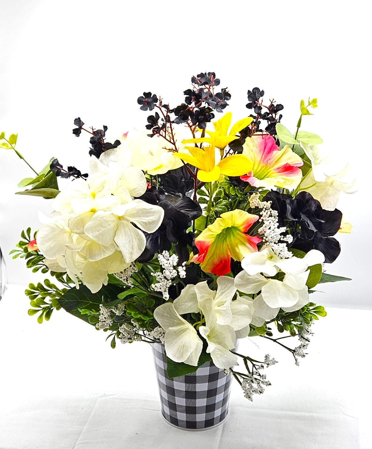 Unique Dog Enriched Black and White Floral Decor with Touch of Pink and Yellow in Black and White Checkered Pot