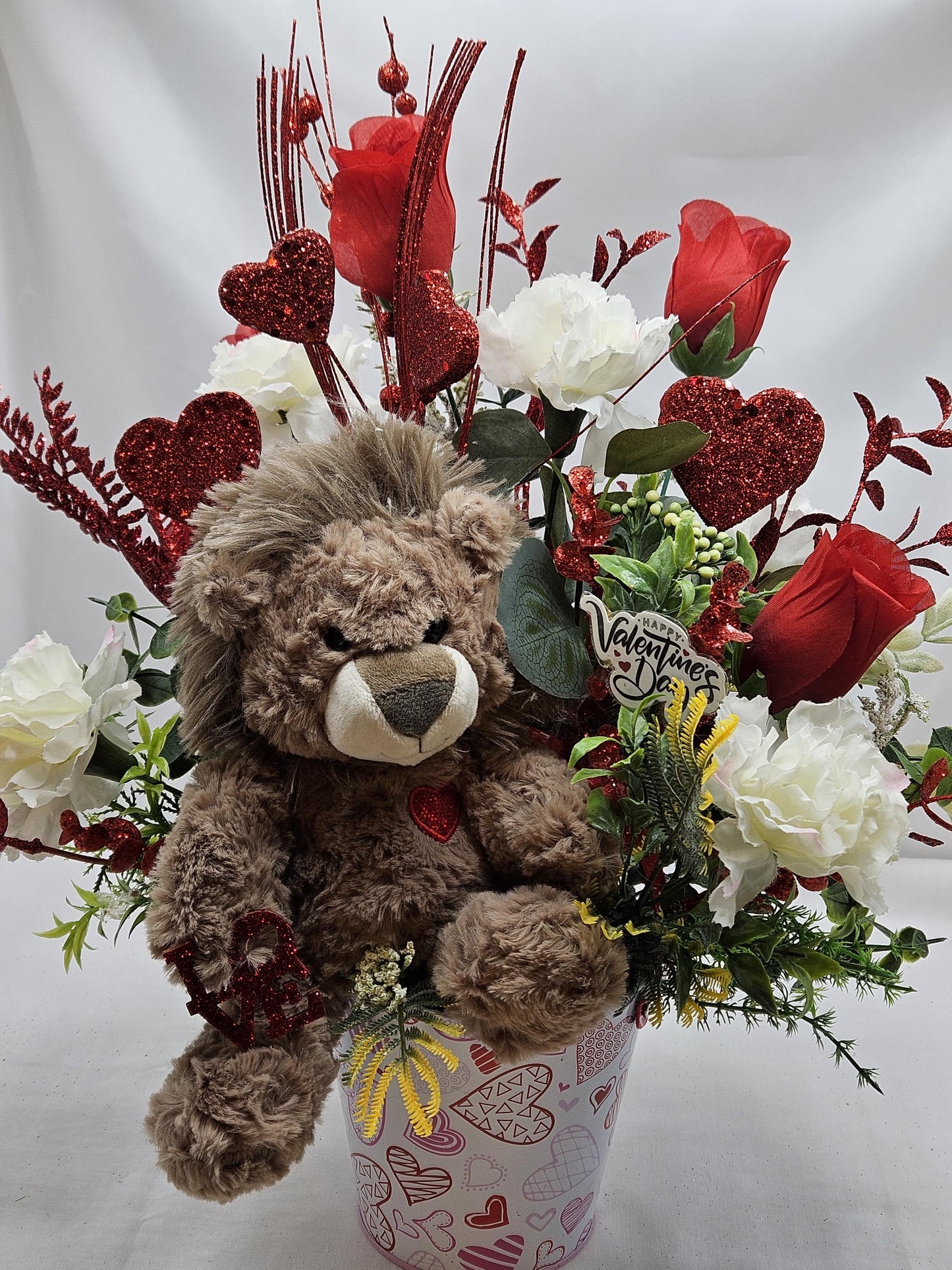 Lovable Lion or Gorilla with Red Roses, Romantic Floral Arrangement, Valentine Gift, Glittery Accents, Hearts Decor, Carnations
