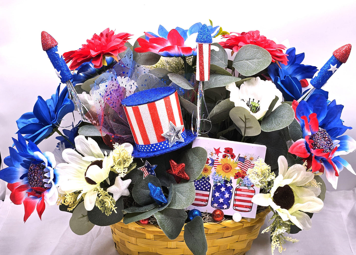God Bless America Flower Arrangement, Patriotic Floral Sign, Red/White/Blue Top Hat, Daisies and Other Flowers, Fireworks, Stars