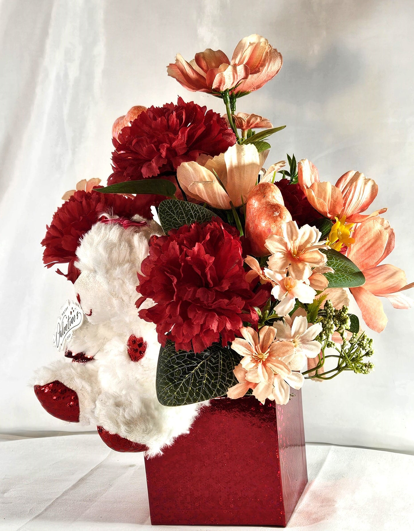 Romantic Flower Arrangement with White Bear Set in Red Gift Box - Red Carnations, Peach/White Florals, Glitter Hearts, and a Beautiful Bow"