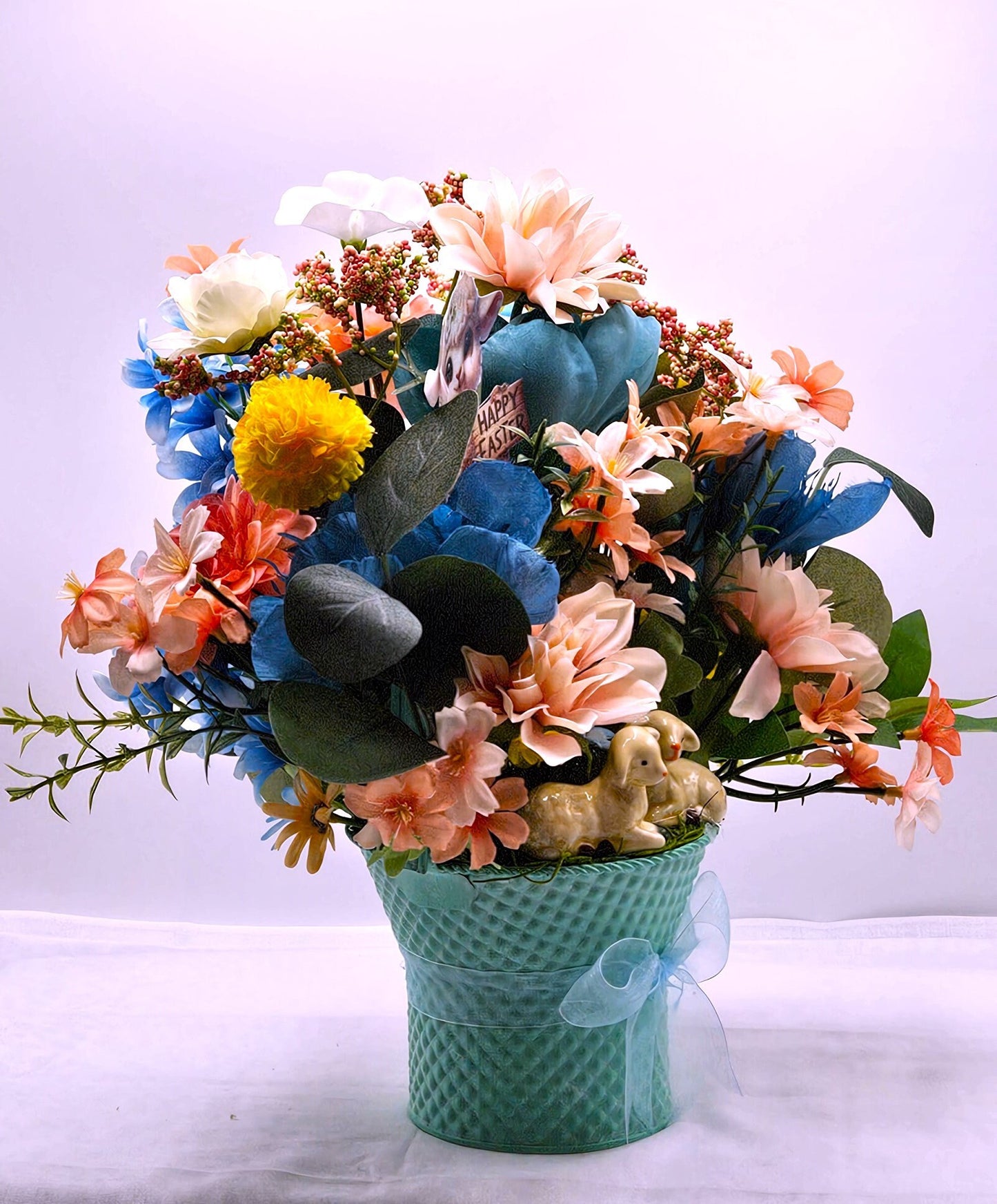 Charming Aqua Blue Metal Basket, Adorable Lambs Featuring, Pastel Spring Flowers, Sheer Ribbon Accent, Easter Decor
