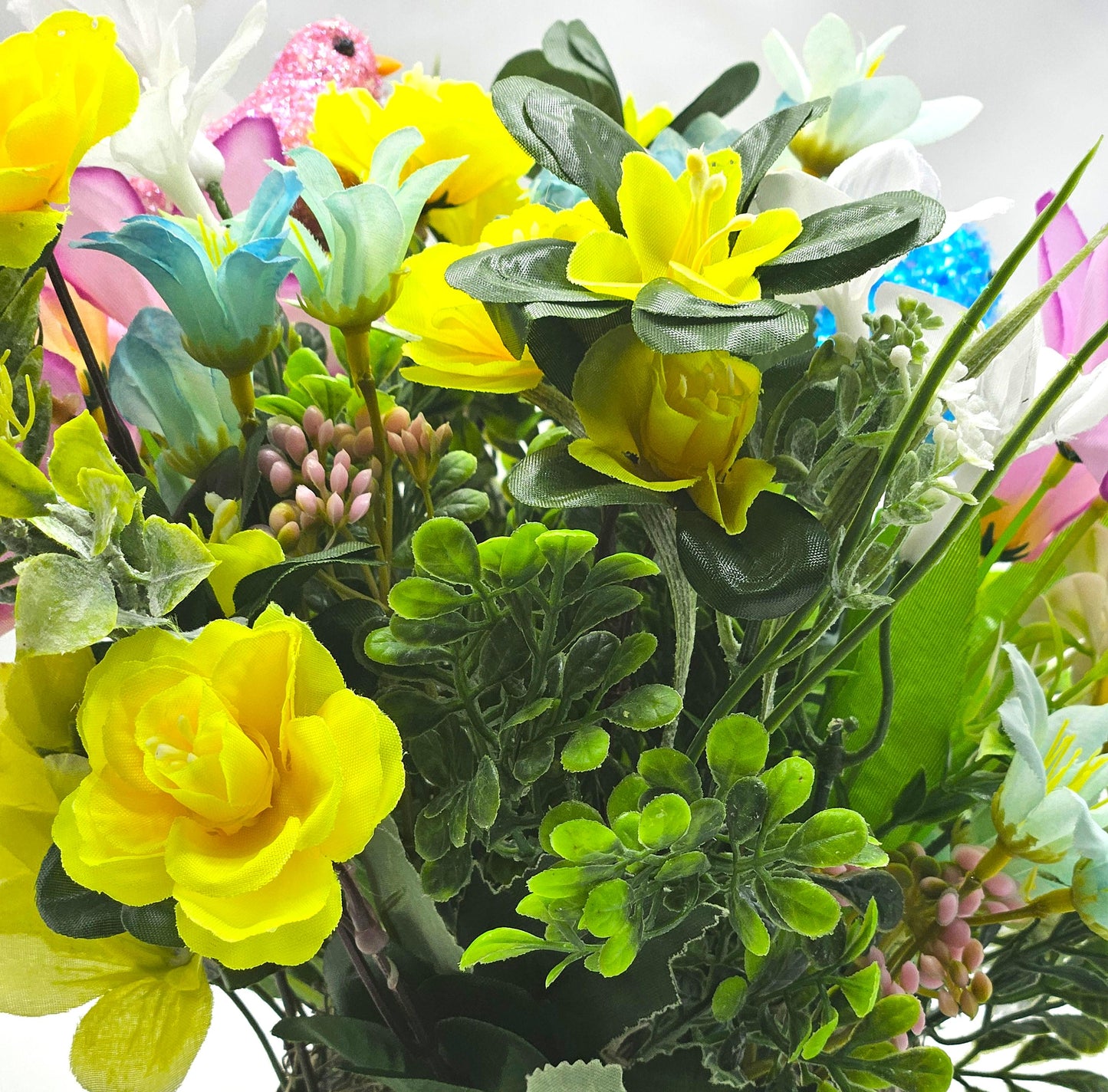 Easter Floral Set in Blue Easter Egg Shaped Dish, Geat for Gifting or Decor, Lilac/Blue/White Flowers/Greens, Glitter Chicks/Easter Accents