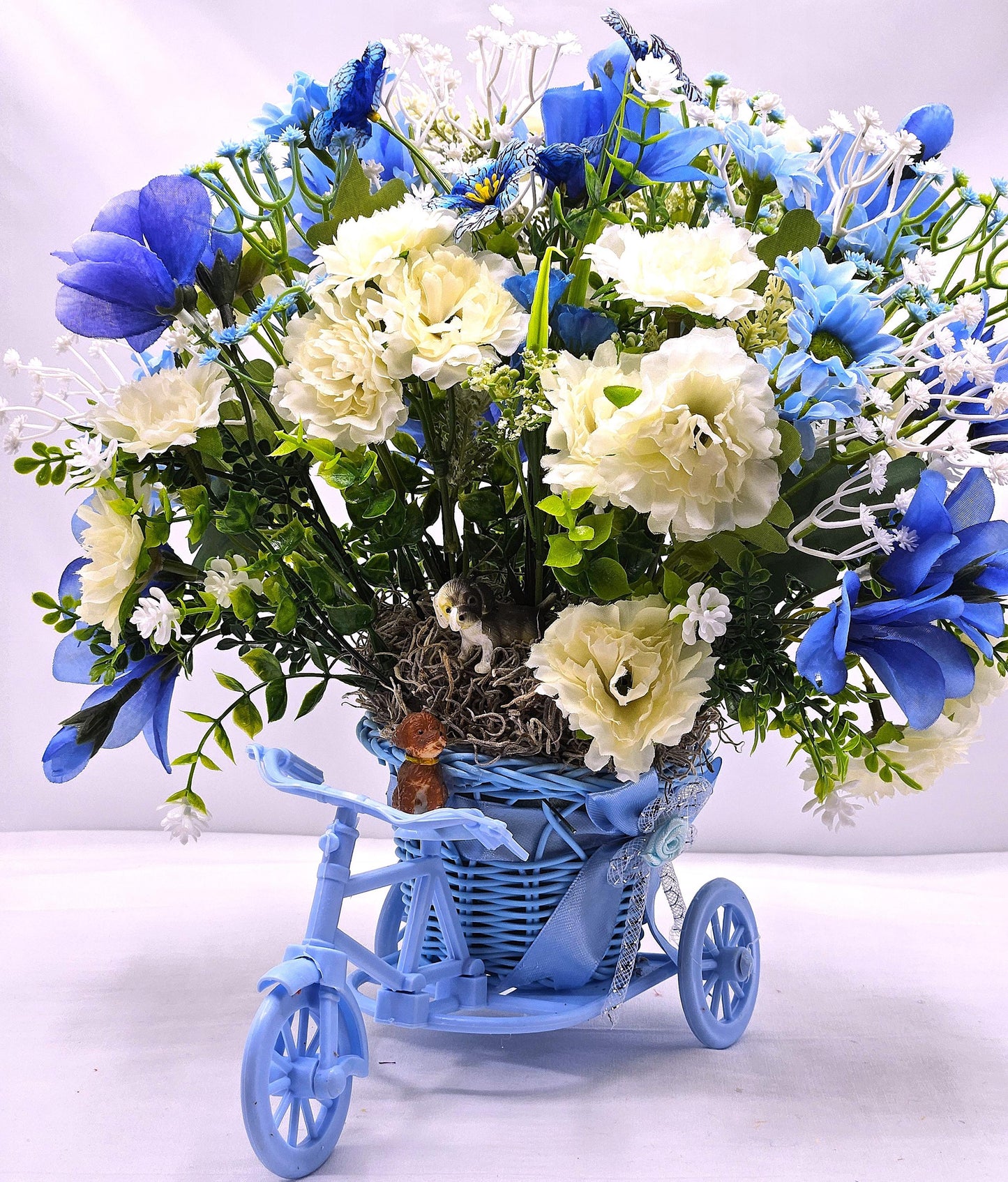 Bike Basket w/Flowers, Centerpiece/Gift/2 Choices/Cheerful Sloth/Cute Puppies/Blue/w White or White w/Pink/Yellow/White/Vibrant Florals