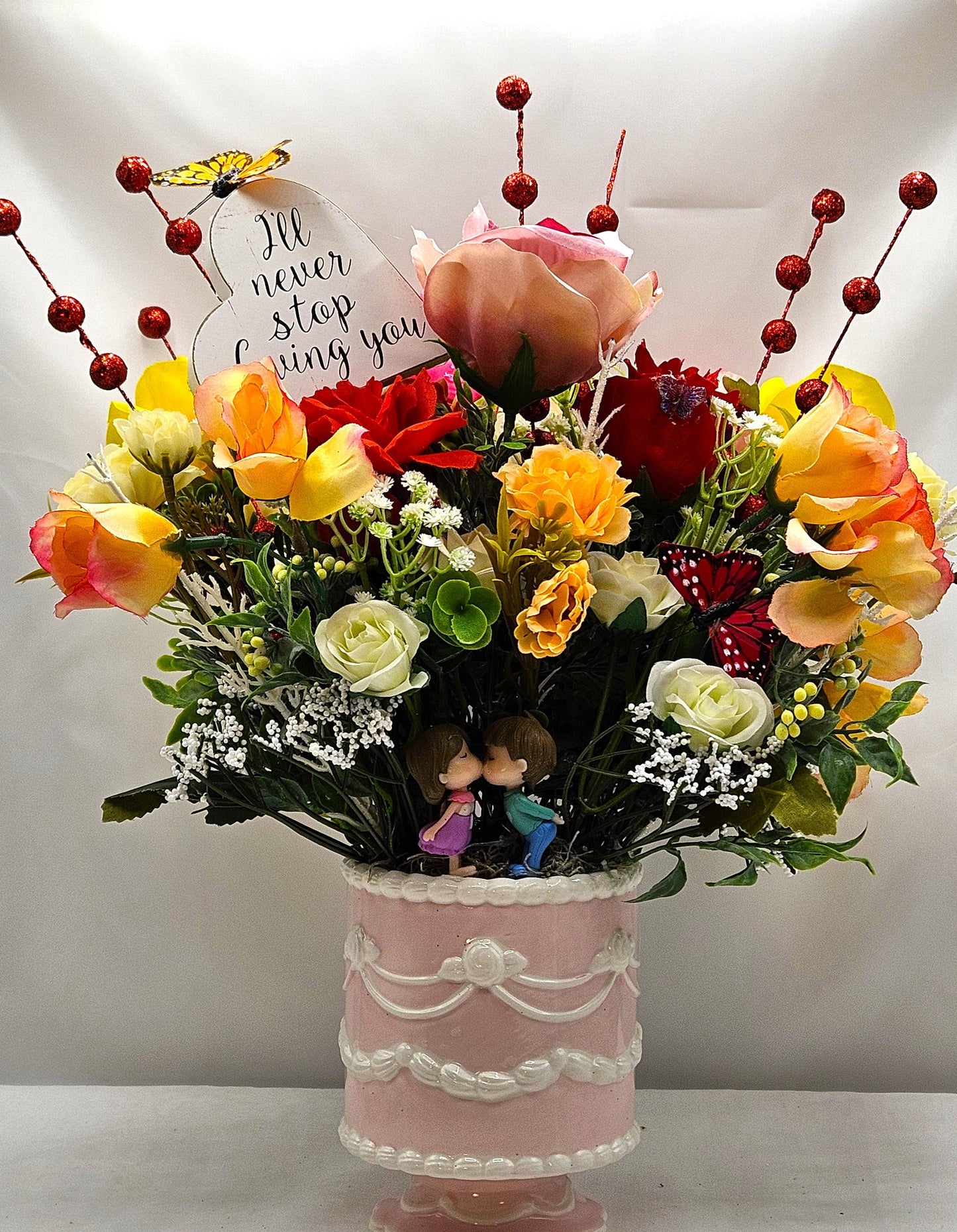 Loving, Heartwarming Love Flower Arrangements in a Footed Ceramic with Sweetheart Couples, 2 Choices, With Hearts/Love Sentiments