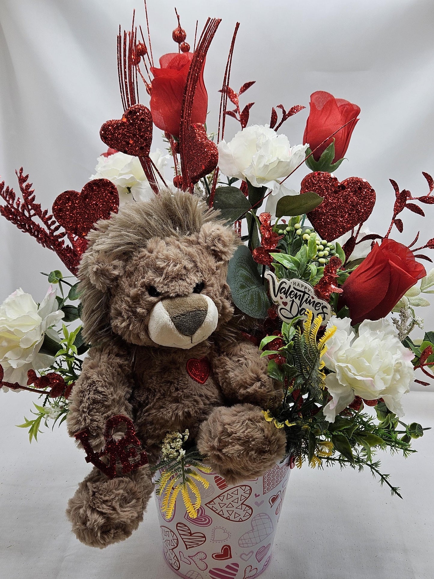 Lovable Lion or Gorilla with Red Roses, Romantic Floral Arrangement, Valentine Gift, Glittery Accents, Hearts Decor, Carnations