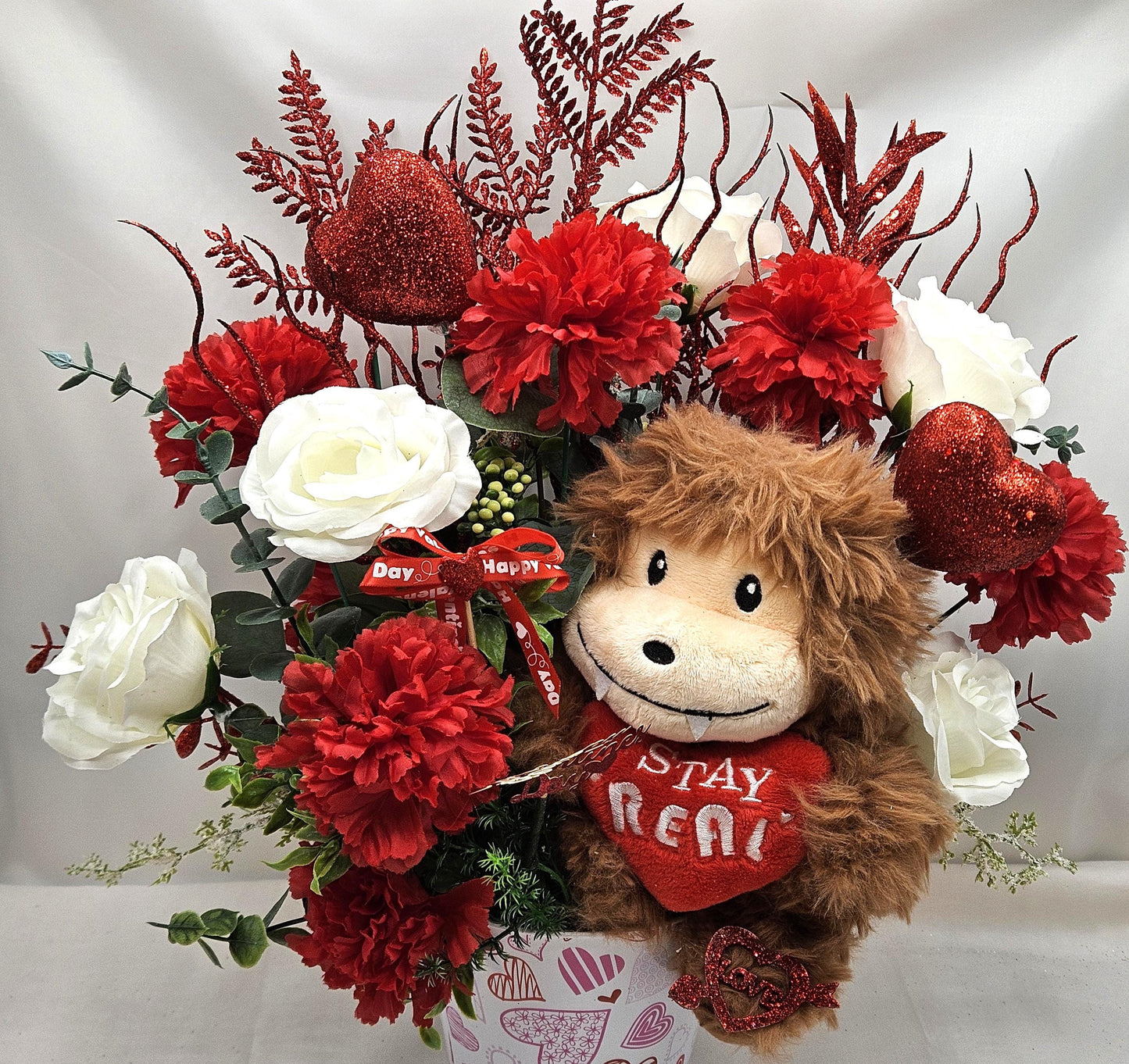 Lovable Lion or Gorilla with Red Roses, Romantic Floral Arrangement, Valentine Gift, Glittery Accents, Hearts Decor, Carnations