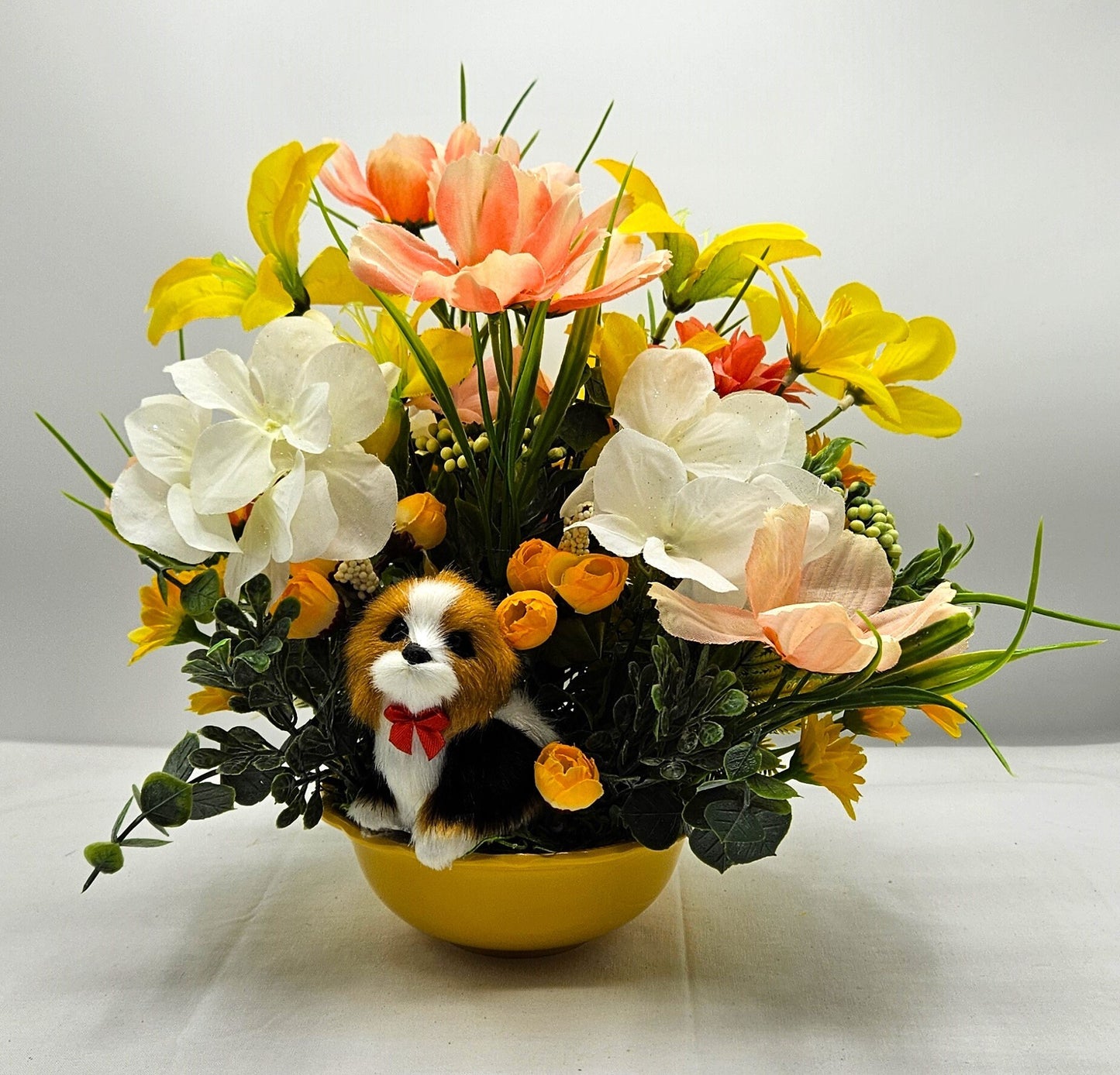 Dog Lover's Flower Centerpiece in Yellow, Orange, or Blue Bowl - Vibrant Spring/Summer Floral Arrangement
