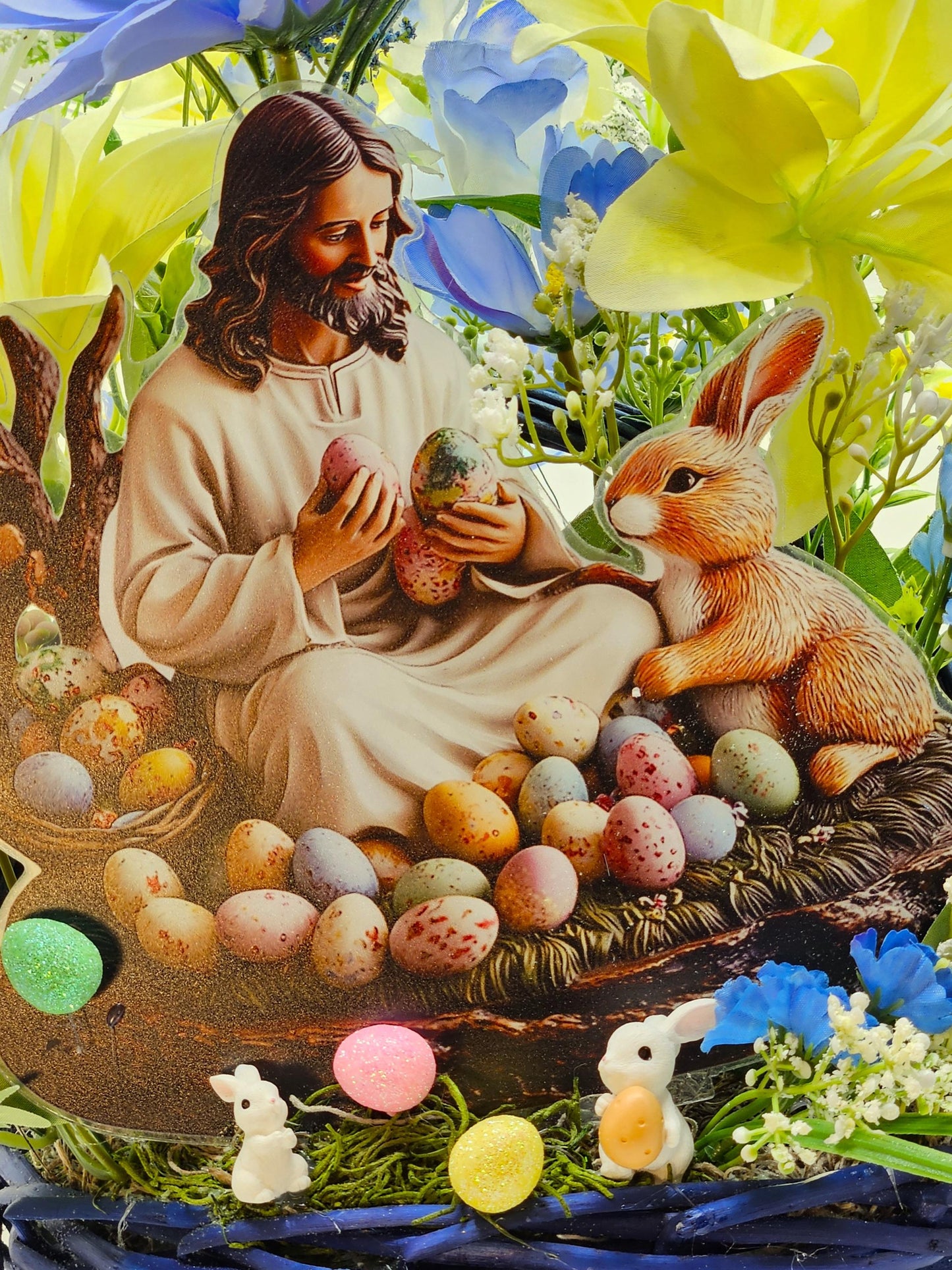 Jesus Sitting with Bunny in Easter Egg Garden and Blue/Yellow Spring Flowers/Other Egg and Bunny Accents, Happy Easter Sign