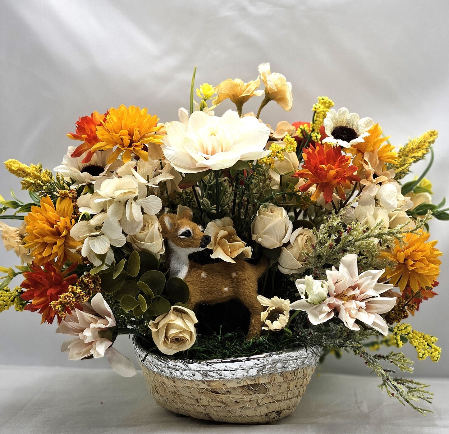 Natural Woven Basket Flower Arrangement with Flock Deer amidst Spring WildFlowers of Roses, Hyacinths and More, Gift for Her/Deer Lover