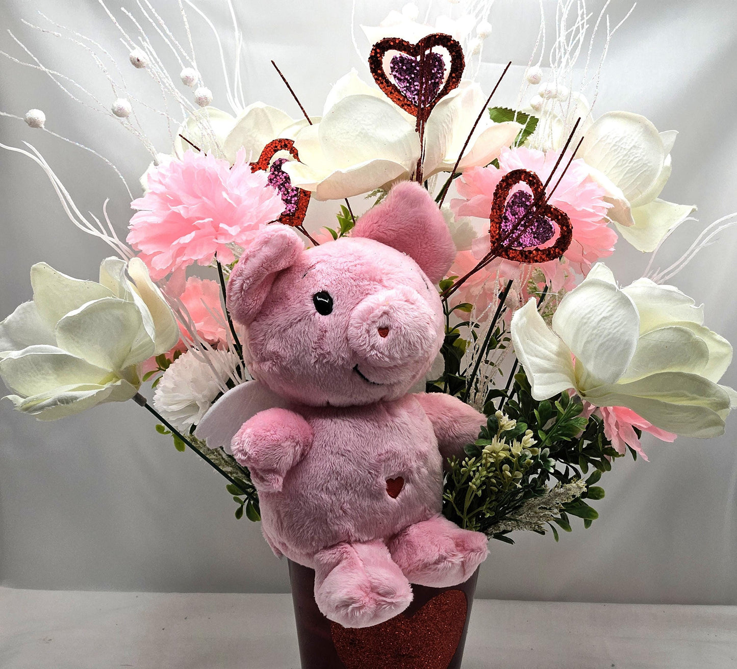 Love Teddy Bear or Flying Pig Floral Centerpiece, Roses Carnations Magnolias, Glittery Hearts, Home Decor, VALENTINE