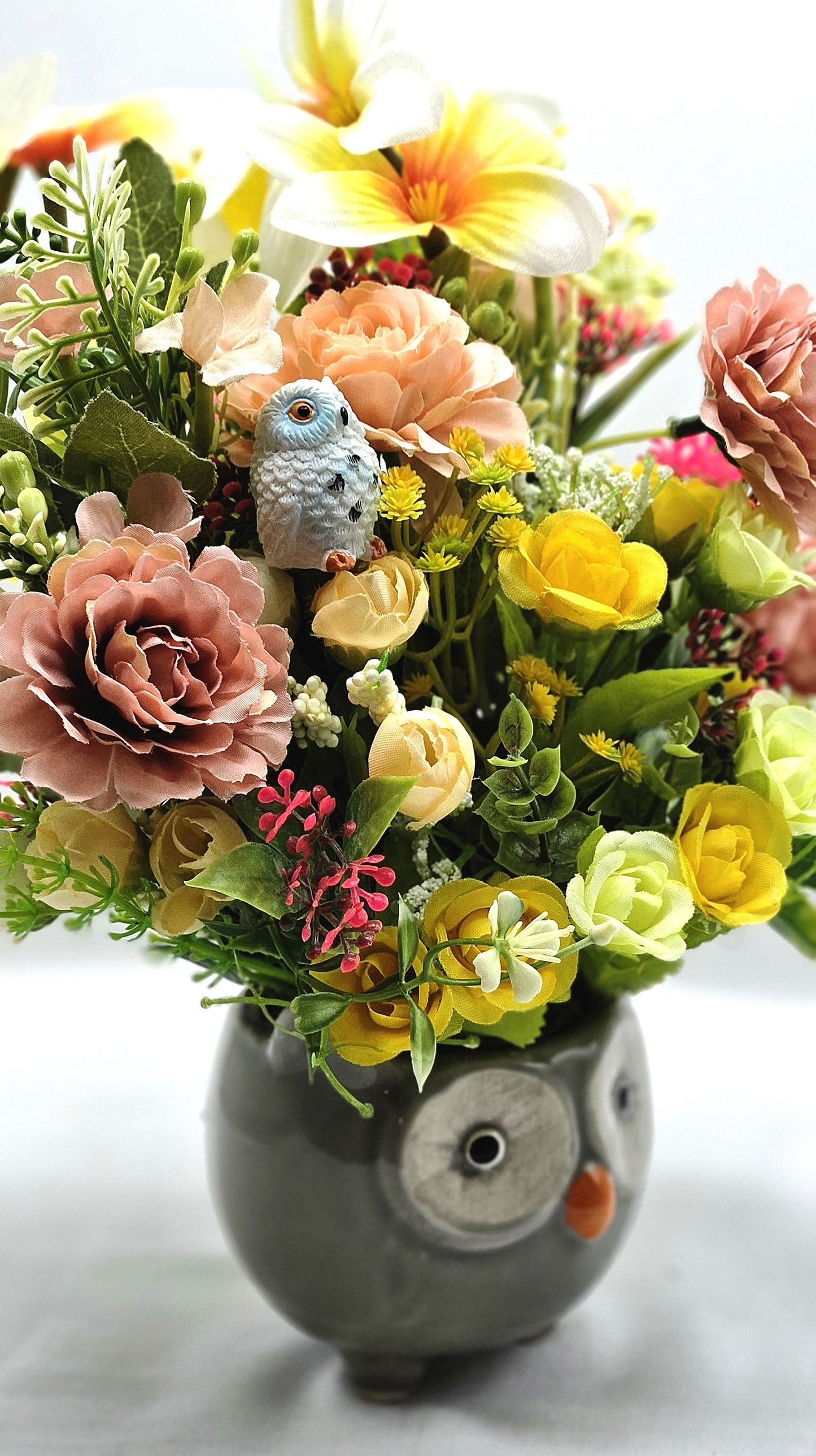 Ceramic Owl Planter, Yellow/Peach Roses/Various Other Flowers, Owl figurine, Owl Lover Gift, Gift for Nature Lover, Gifts for Any Occasion