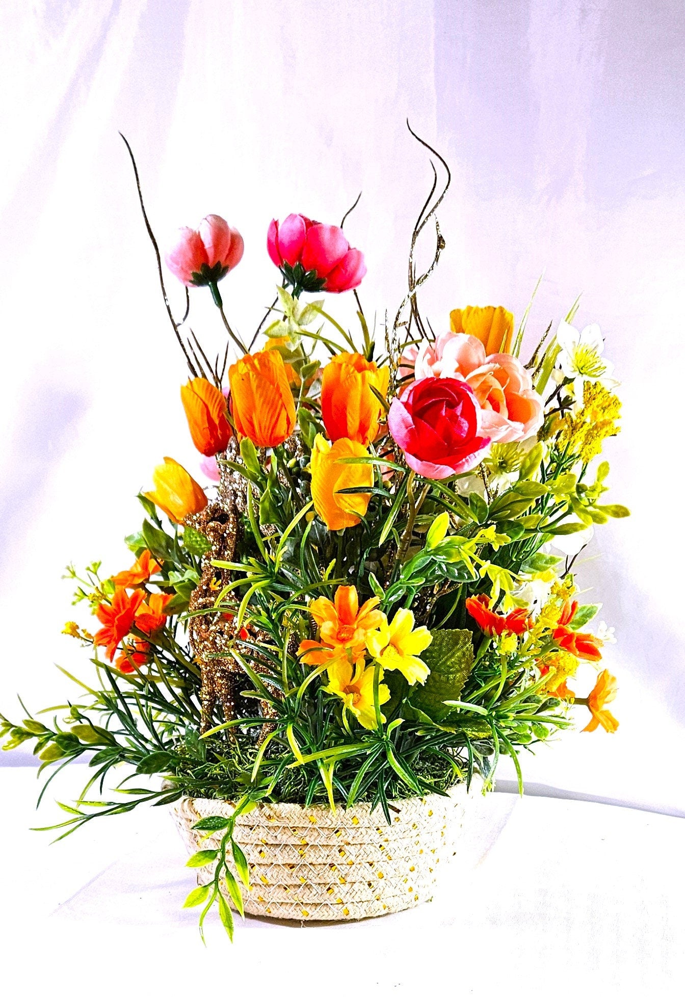 Floral Arrangement with Majestic Deer Amongst Blue/Pink or Orange/Peach Flowers, 2 Deer Options