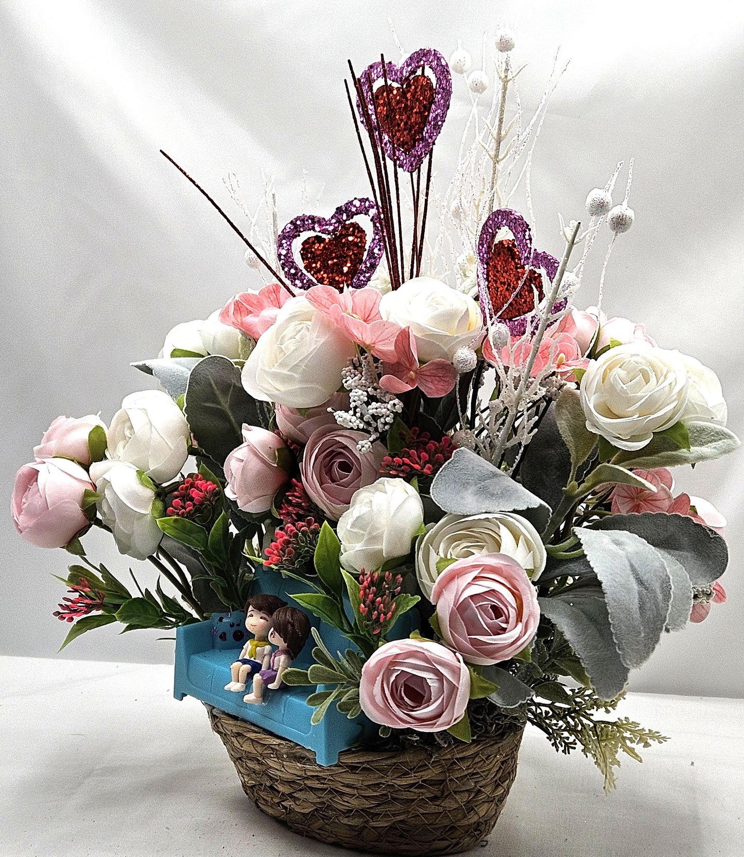 Romantic Couple On Sofa With Puppy And Kitty, Garden Roses, Glittery Hearts, Valentine Gift, I Love You Present