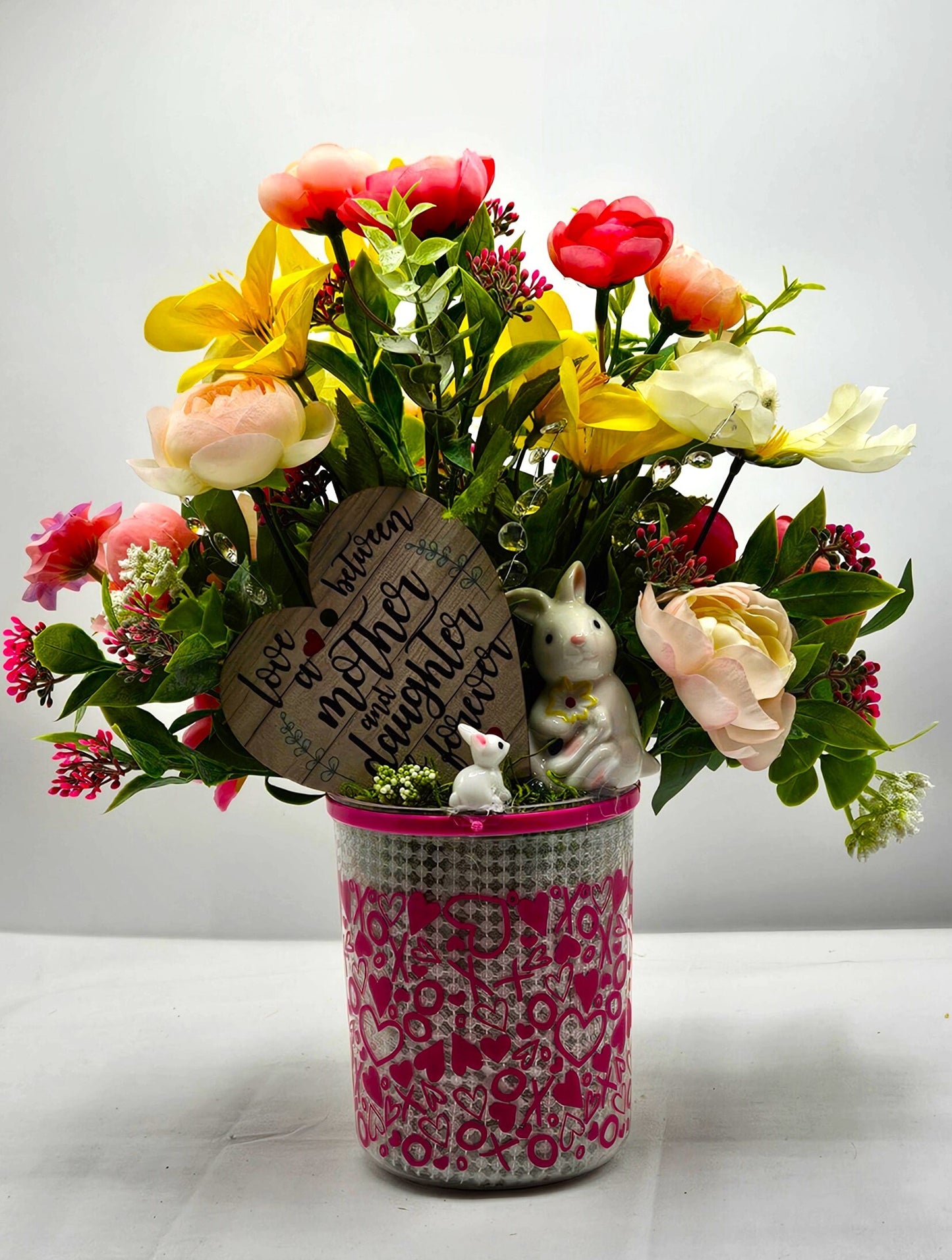 Momma & Baby Rabbits Floral Centerpiece, Heart-Deco Pot with Pink/Yellow Blossoms - Mother's Day Gift, Birthday for Her Gift