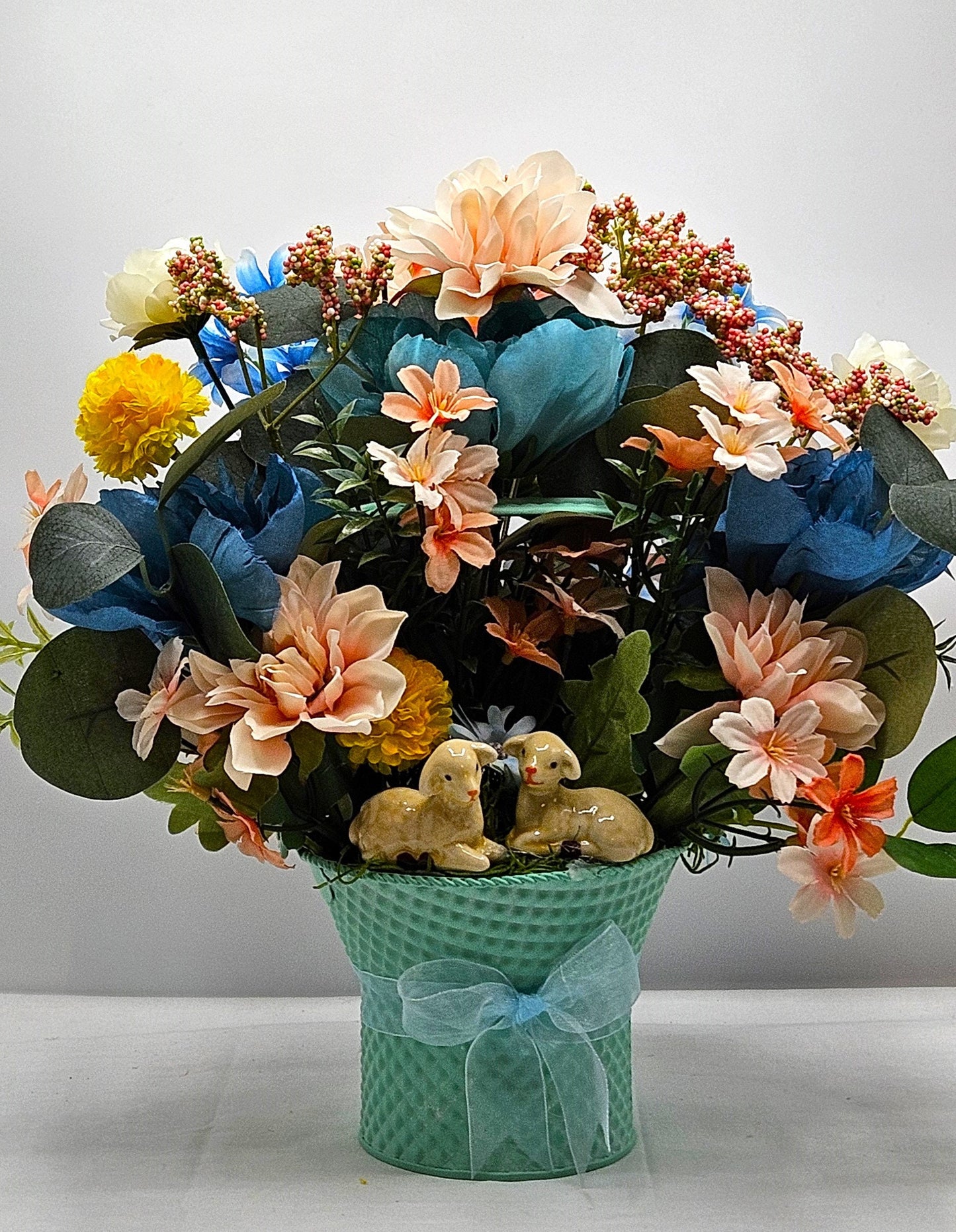 Charming Aqua Blue Metal Basket, Adorable Lambs Featuring, Pastel Spring Flowers, Sheer Ribbon Accent, Easter Decor