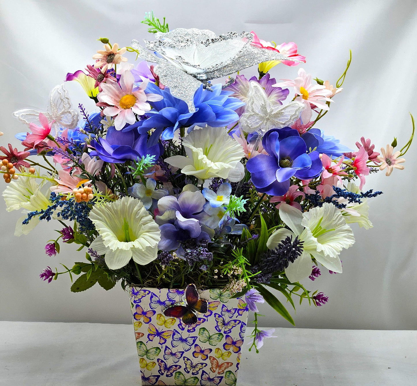 Butterflies and Flowers in a Decorated Box which Features Large Silver Butterfly and Smaller Accents, Butterfly Lover Gift, Butterfly Decor