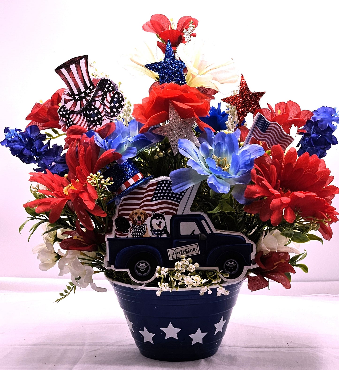 Patriotic Flower Arrangements, Red White Blue Flowers, God Bless America Sign, Celebrate America Decor