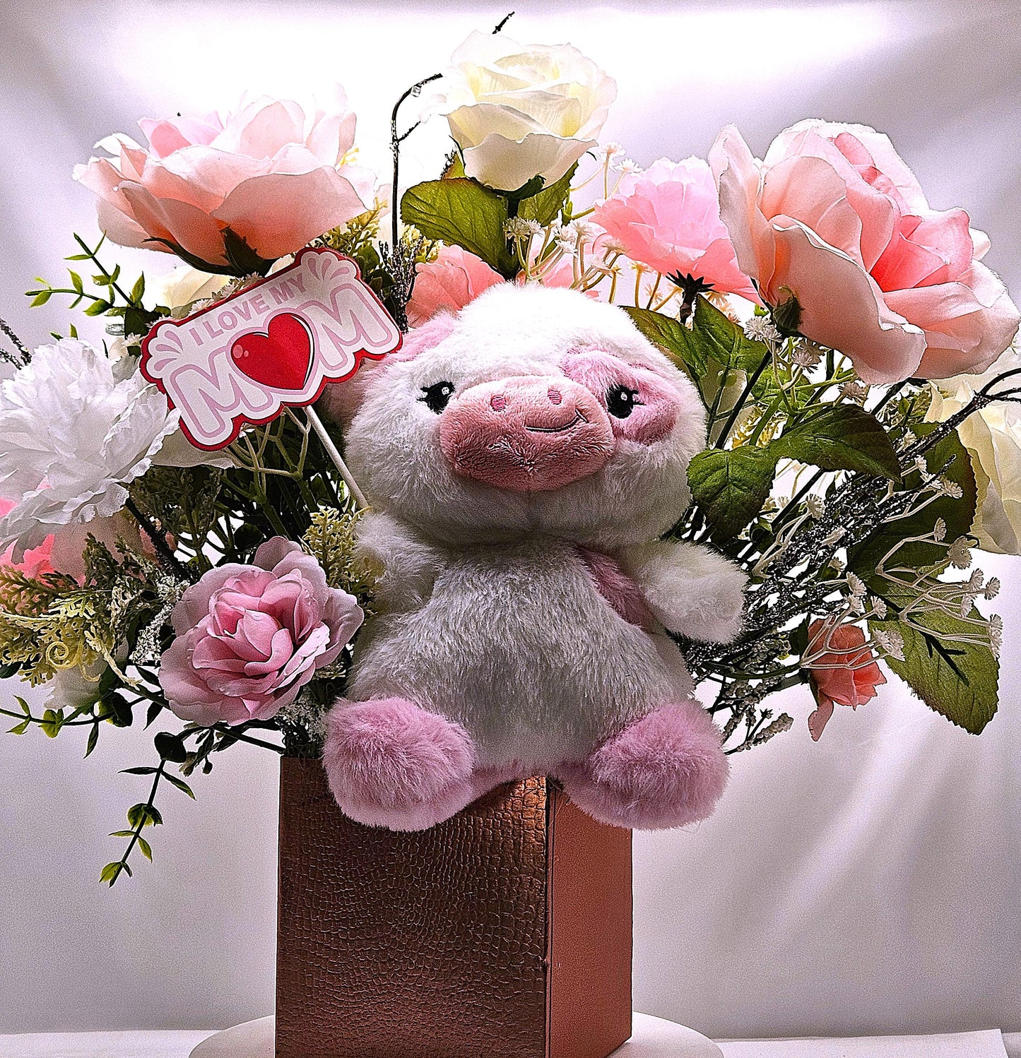 Gift Box of Flowers, Cute Pink/White Cow w/sign I Love My Mom Sign Amidst Elegant Carnations/Roses in Box, Great Gift Idea for any Occasion