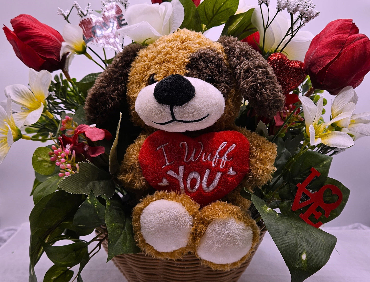 Romantic 'I Wuff You' Flower Arrangement, Red Tulips Bouquet, Cute Pup Floral Display, White Roses, Heart Accents