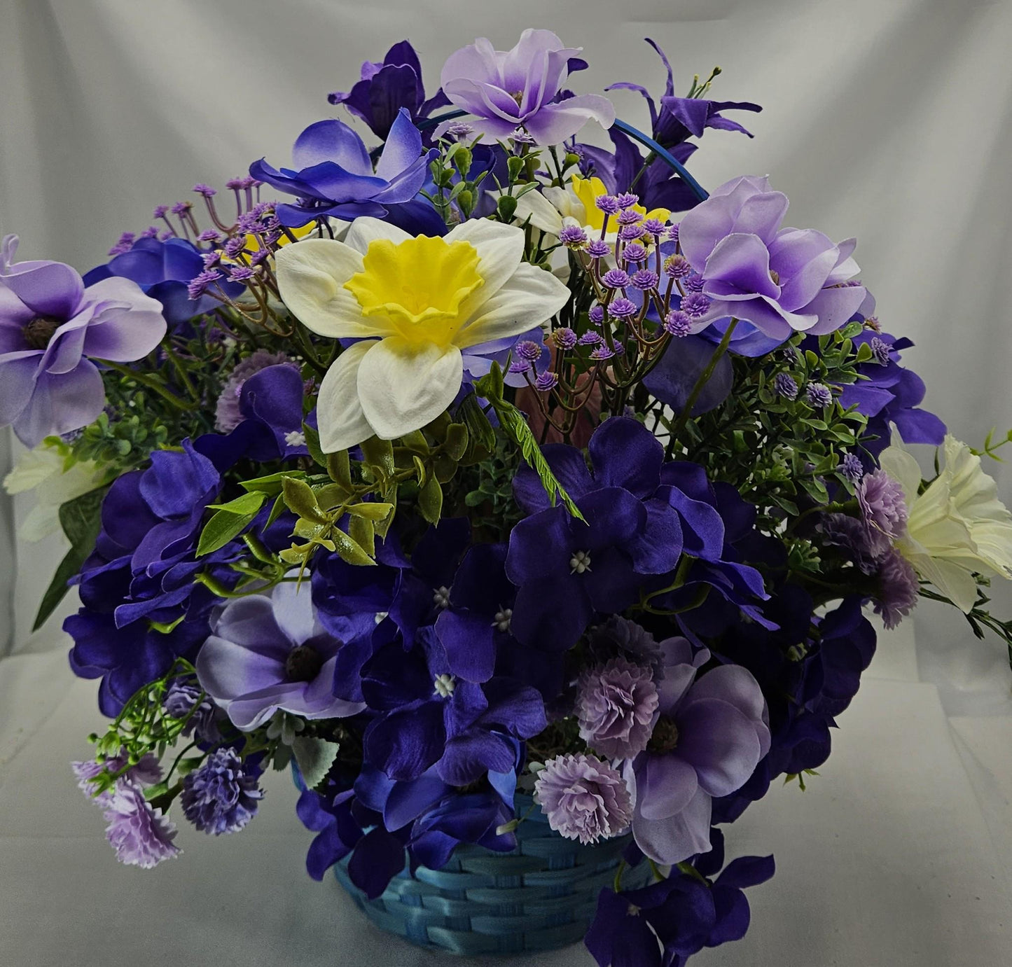 Purple Floral Centerpiece w/cute Stuffed Animal in Front of Lovely purple and white flowers, Great for Housewarming/Birthday/Thinking of You