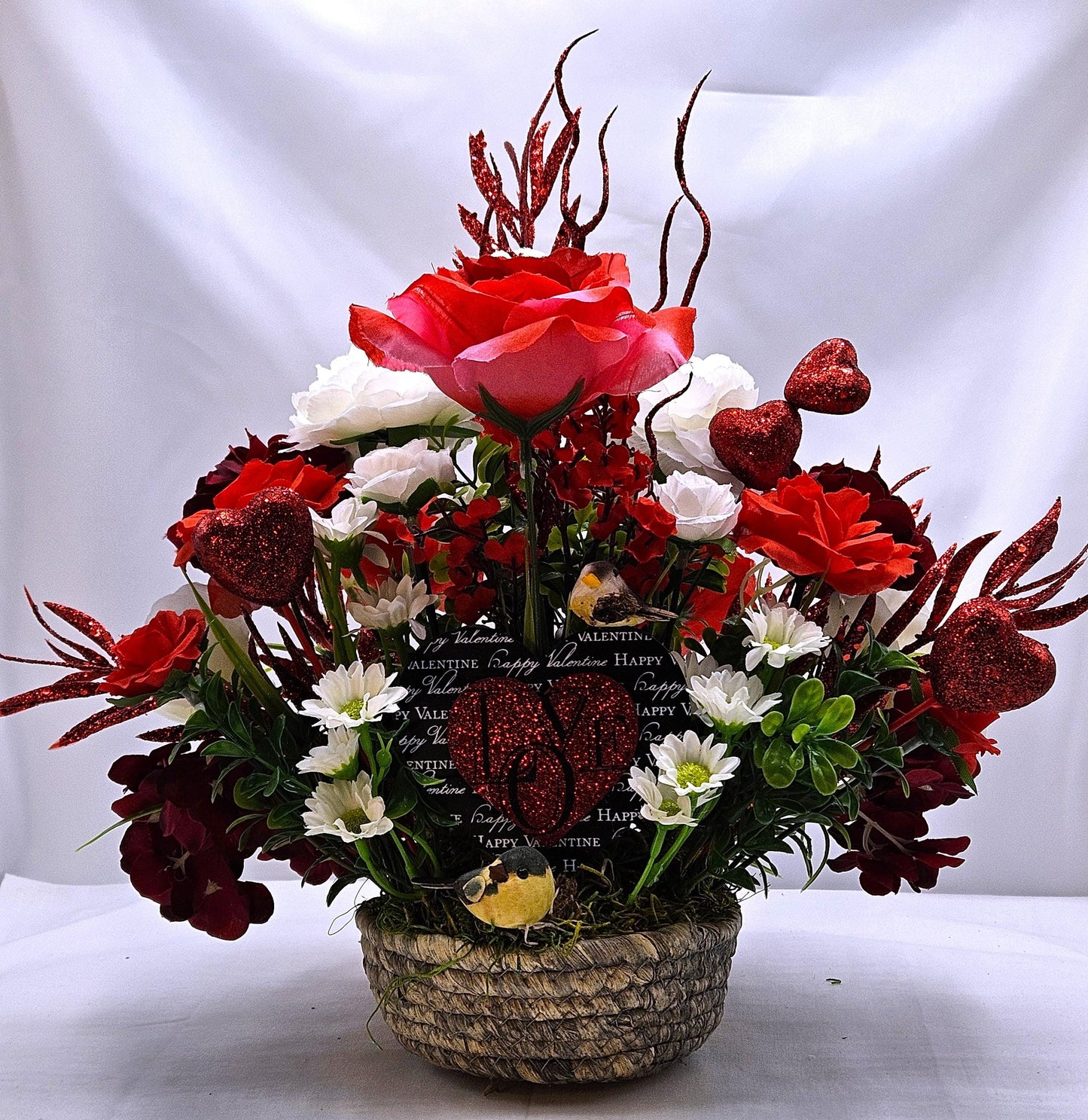 Valentine Floral Heart Garden Decor, Red Roses, White Daisies, Hydrangea, Greenery, Mushroom Birds Accent, Romantic Gift