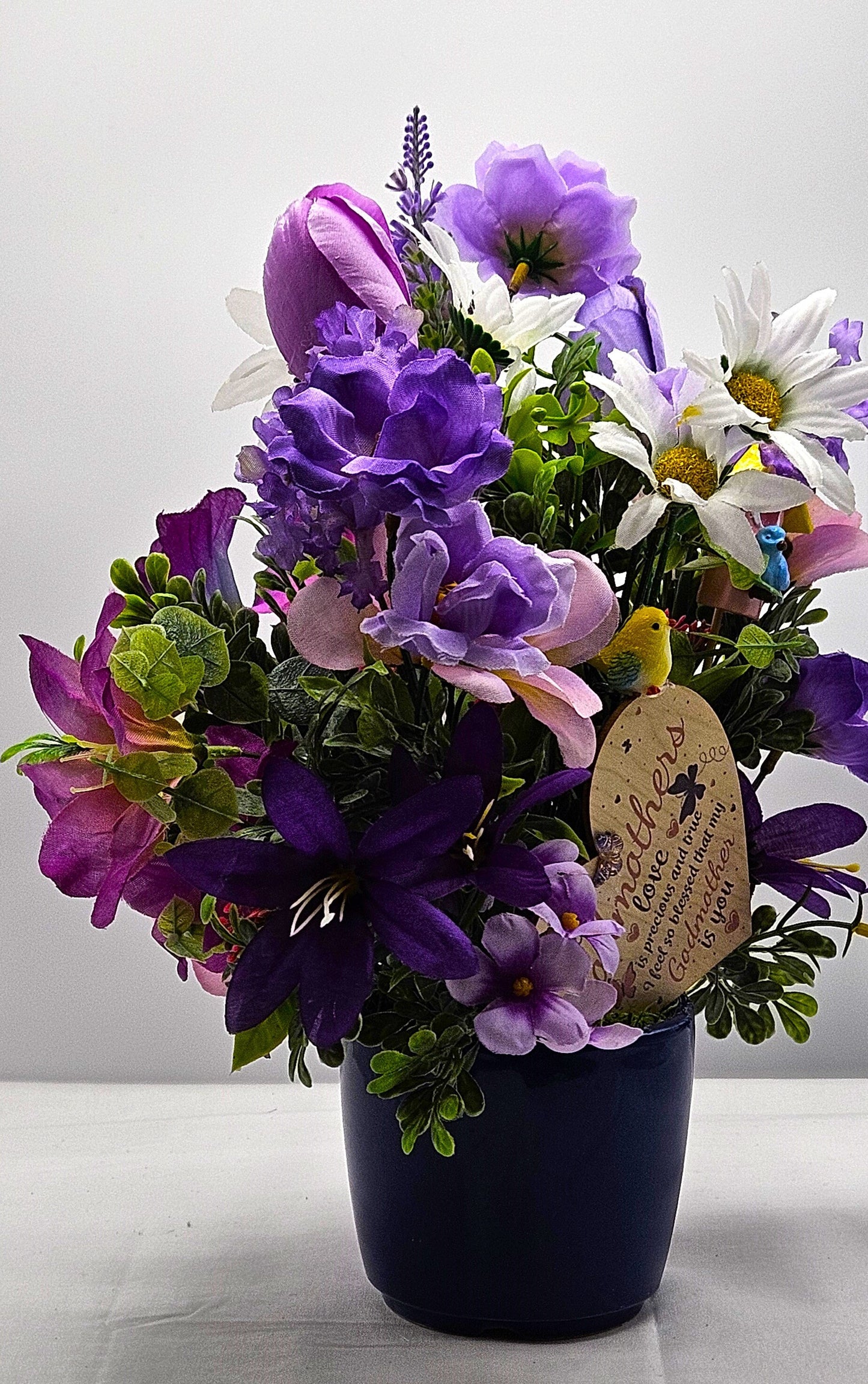 Godmother Gift White Daisies Purple Lilies Flowers Cute, Cosmos Flower Purple Roses Flower Arrangements Centerpiece Plant Pot Ceramic Unique