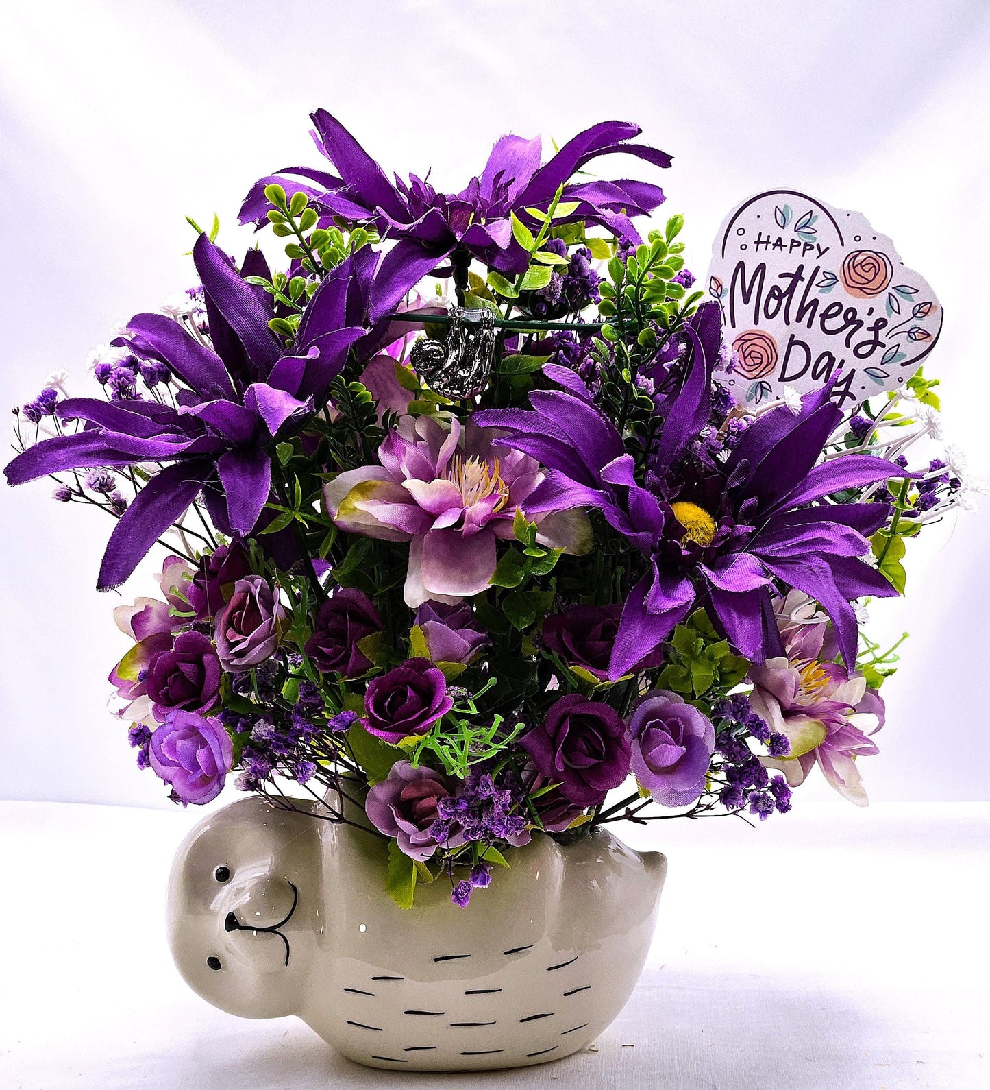 Ceramic Sloth flower Pot Overflowing with Elegant Purple/Lilac Roses, Daisies/other Delicate Flowers/Some Baby's Breath/Small Hanging Sloth