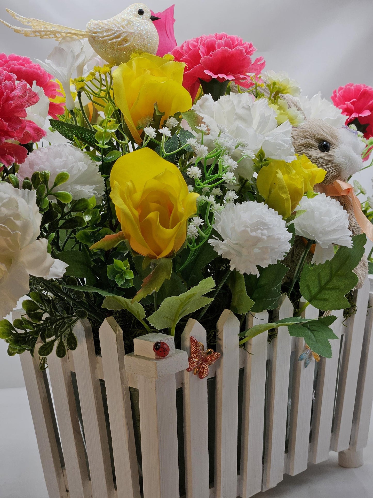 Spring/Summer Floral in Picket-Fence Look Flower Pot/with Bunny/Butterflies/Bee/Birds/Roses/Carnations/Other Vibrant Flowers/Greens