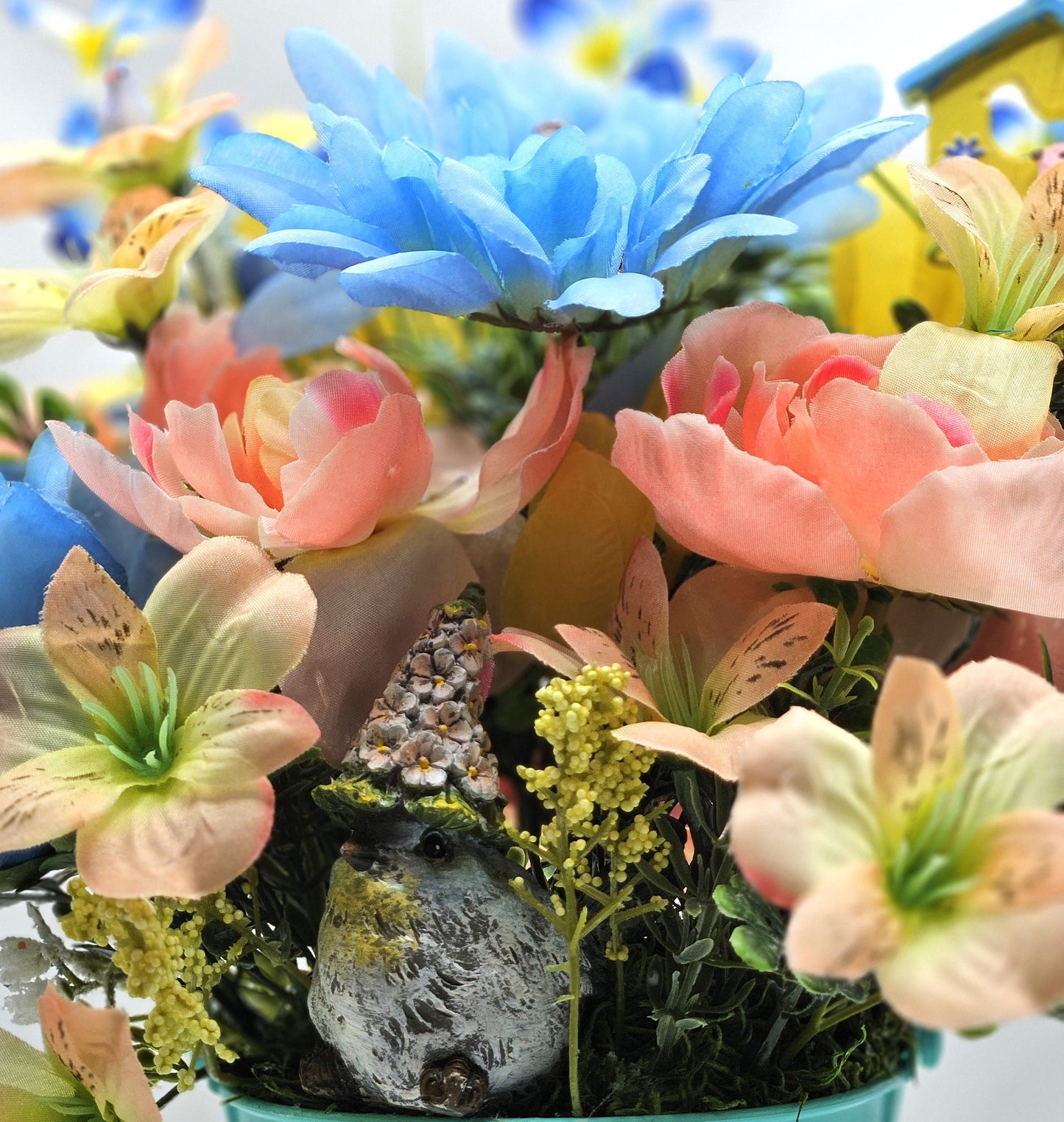 Bird Inspired Flower Arrangement in an Aqua Blue Pot with Peach/Blue/Yellow Flowers, Birid Accents, Bird Lover Gift, Great Home Gift Idea