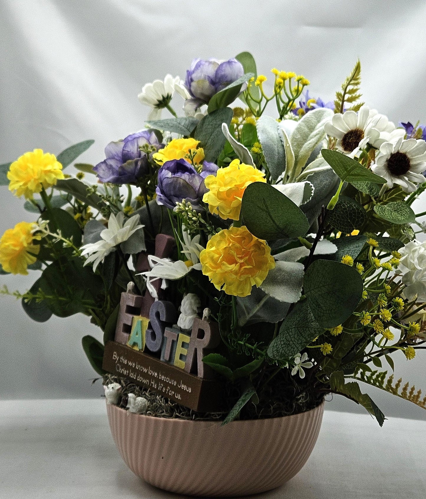 Easter Cross Floral "By This We Know Love Because Jesus Christ Laid Down His Life For Us" Quote/Sheep/Blue/Yellow/Greenery/Happy Easter