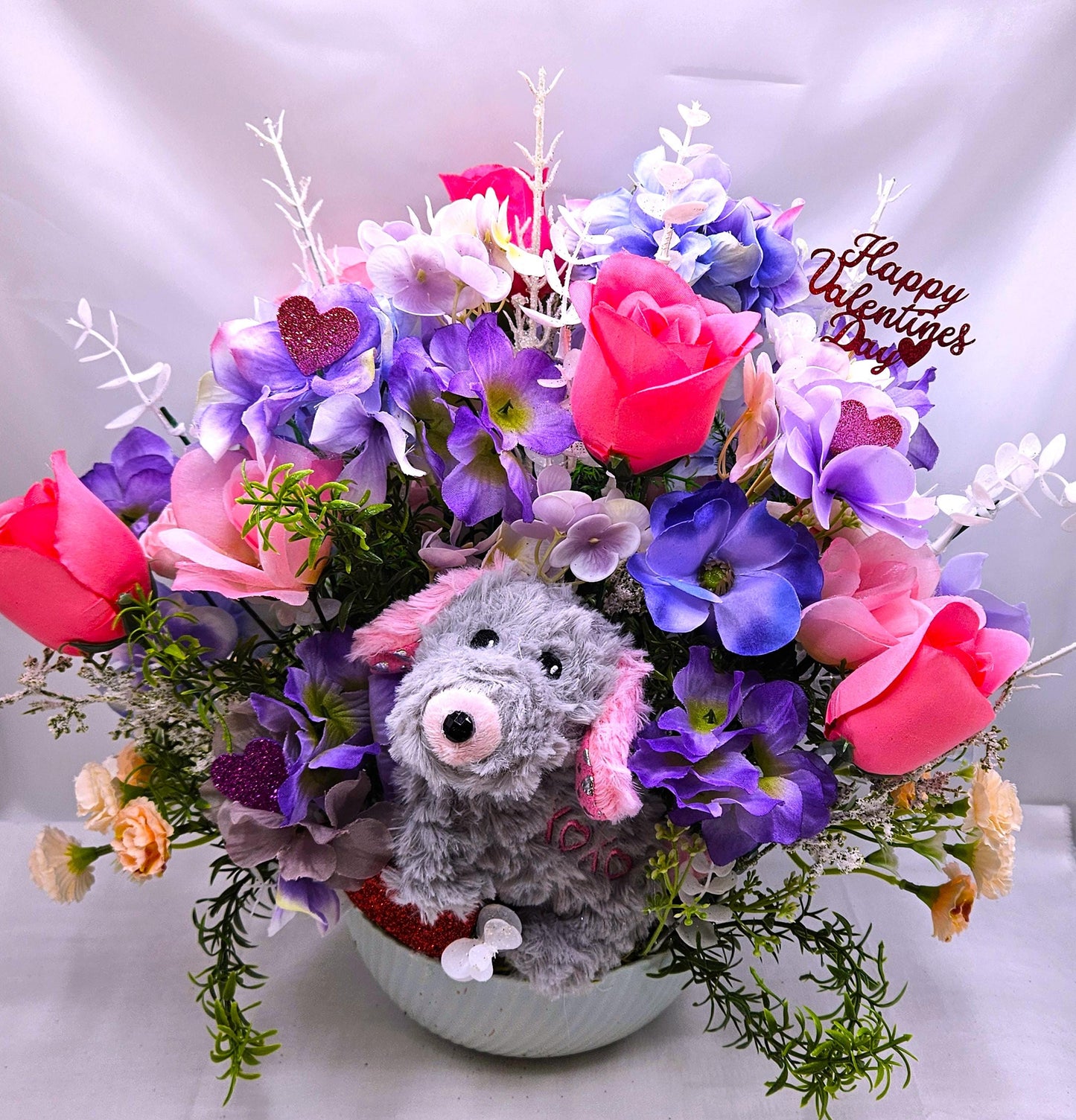 Valentine Romantic Decor, Fluffy Grey Puppy, Pink Roses Magic, Purple Flowers, White Glitter Shine, Gift, Greenery