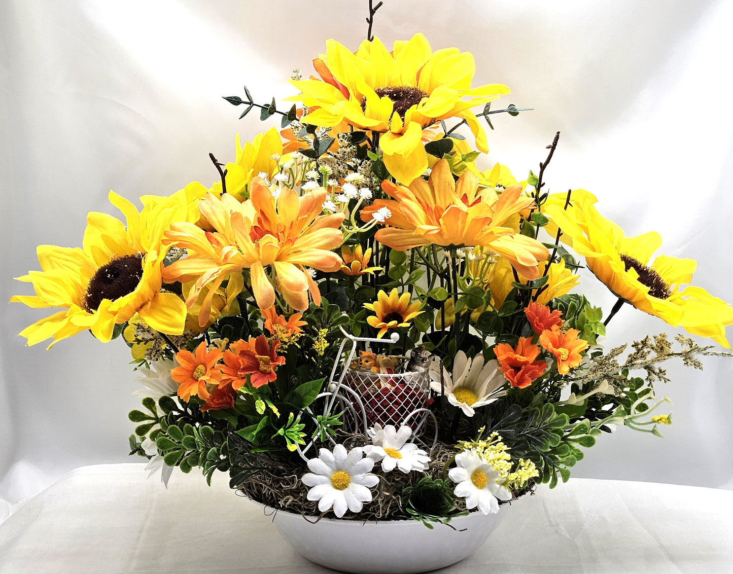 Dog Lovers' Bike Basket with Puppies, Sunflower Wildflower Delight, Whimsical Gift, Housewarming Present