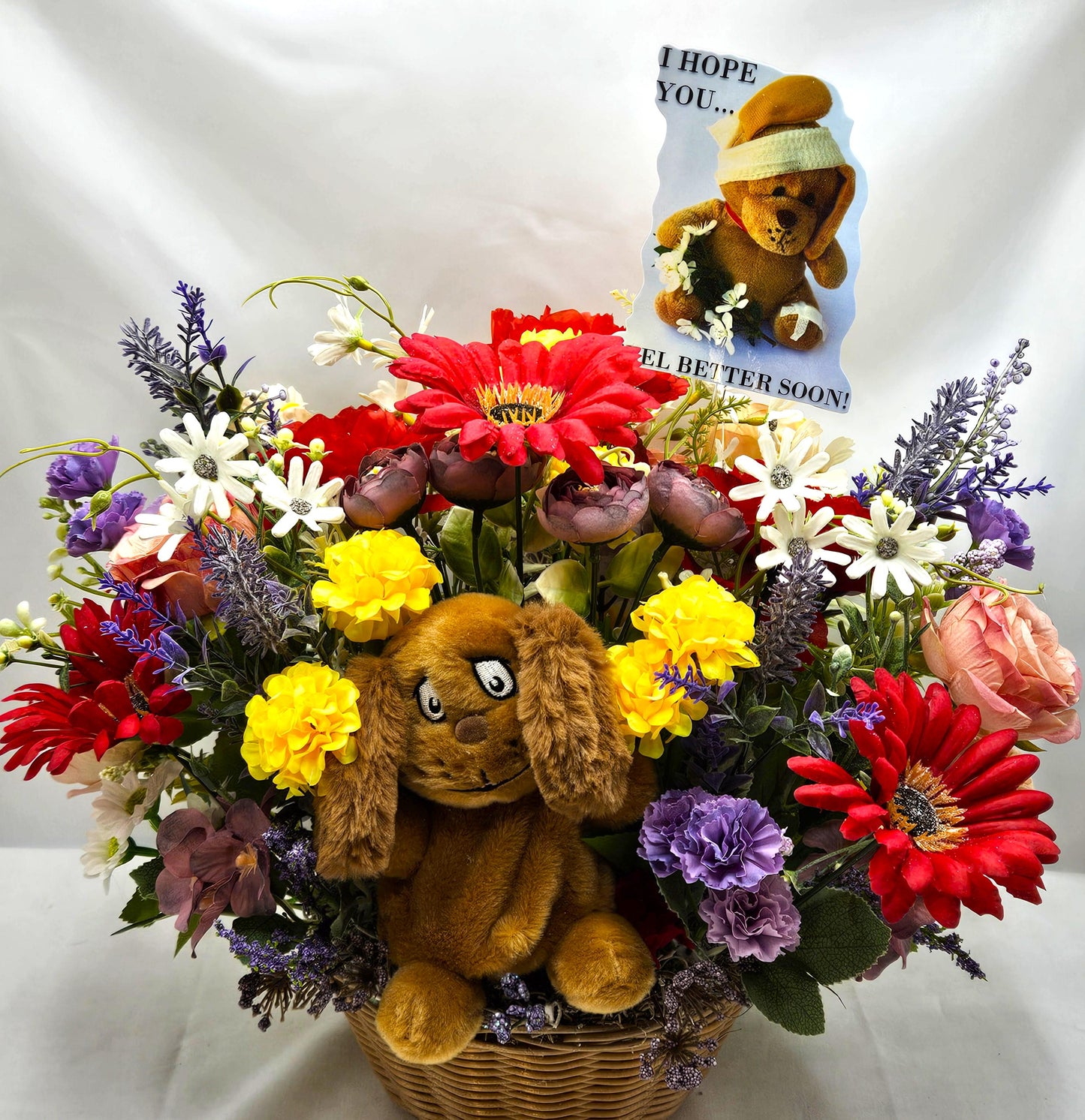 Get Well Floral Centerpiece with Cute Dog/Lift Someones Spirit W/This Charming Gift/Chase Away the Blue sand Make Someone Smile/Colorful