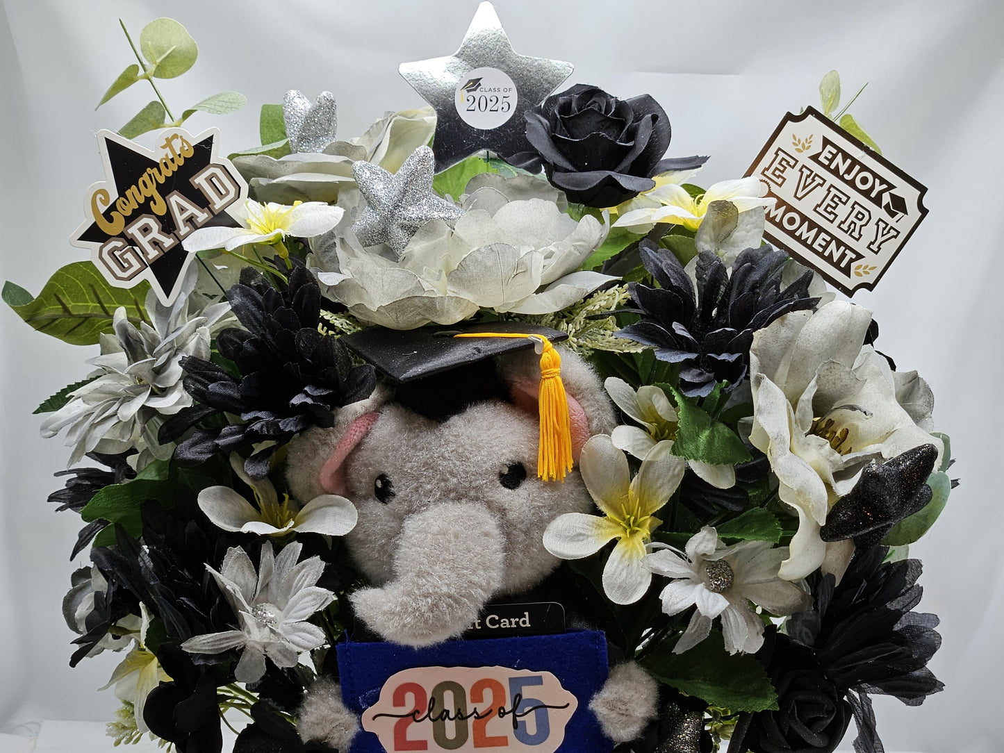 Lucky Elephant Graduation Flower, Gift Card Holder, College/High School graduation, Black/Gray/White Flowers, Unique Graduate Gift