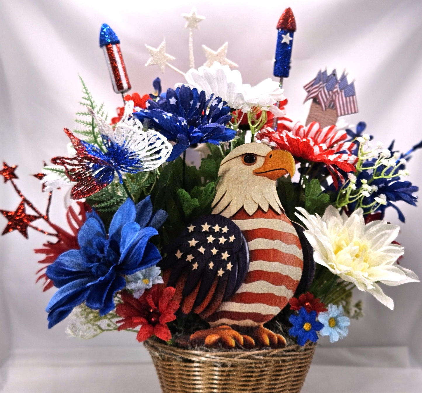 American Pride Garden Decor, Majestic Eagle Display, Floral Patriotism, Stars and Stripes, USA Butterfly Feature