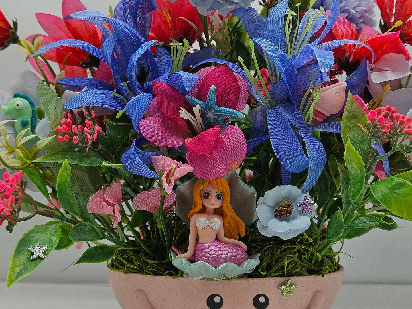 Tropical Mermaid Floral Arrangements, 2 Options, Pink/Blue or Yellow/Blue Multi Color Themes, Whimsical Cute Mermaids and Other Sea Life