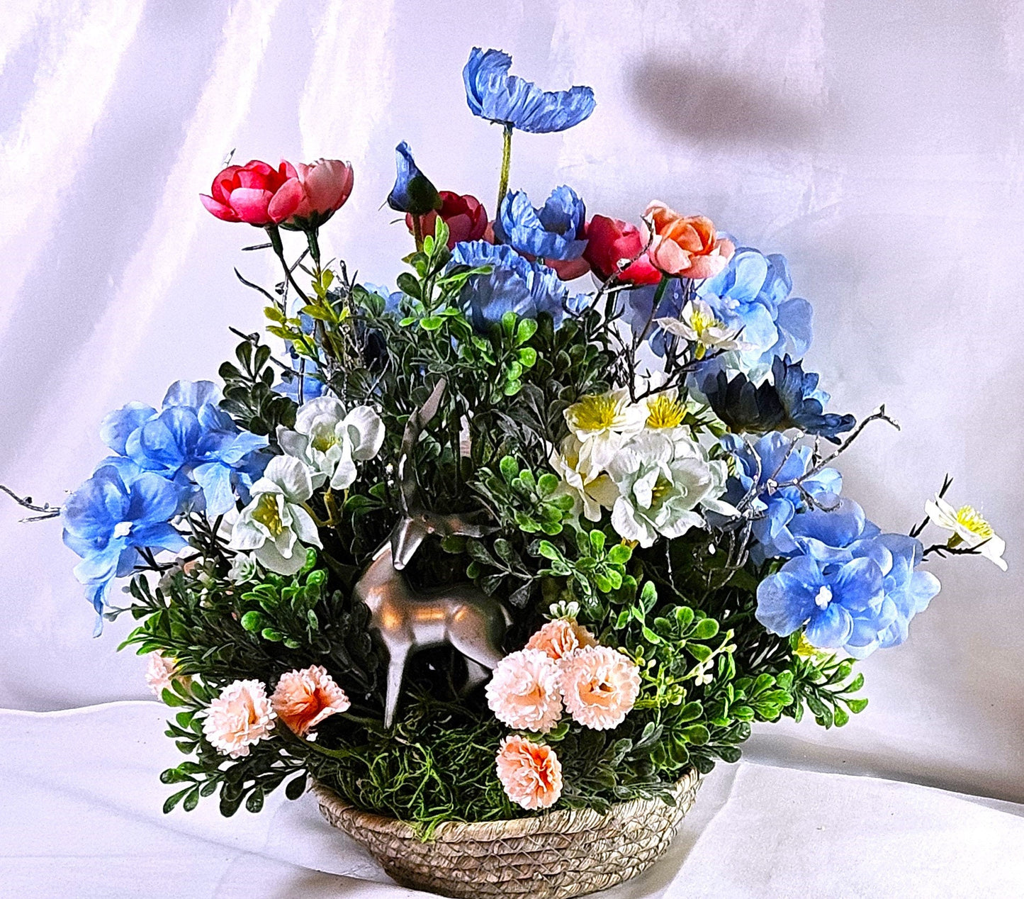 Floral Arrangement with Majestic Deer Amongst Blue/Pink or Orange/Peach Flowers, 2 Deer Options