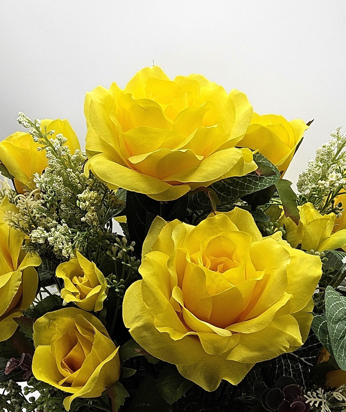 Floral Elegance for Mom - Yellow Roses and Baby's Breath Centerpiece, Ideal Mother's Day Gift for Home