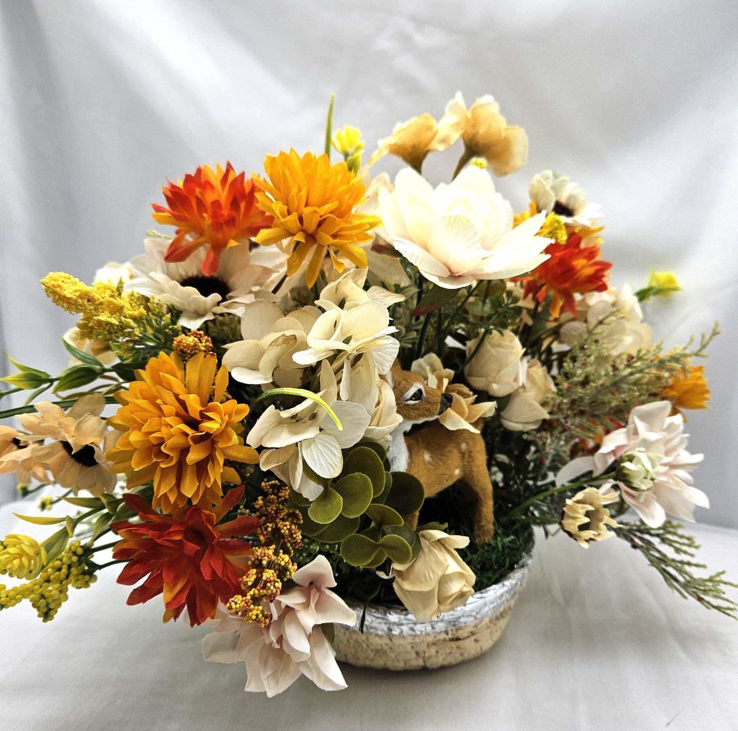 Natural Woven Basket Flower Arrangement with Flock Deer amidst Spring WildFlowers of Roses, Hyacinths and More, Gift for Her/Deer Lover