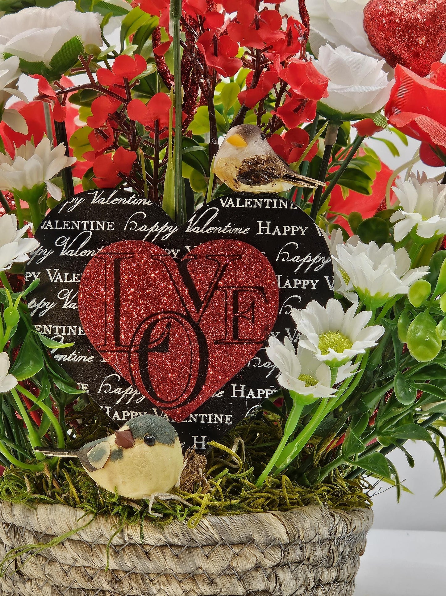 Valentine Floral Heart Garden Decor, Red Roses, White Daisies, Hydrangea, Greenery, Mushroom Birds Accent, Romantic Gift