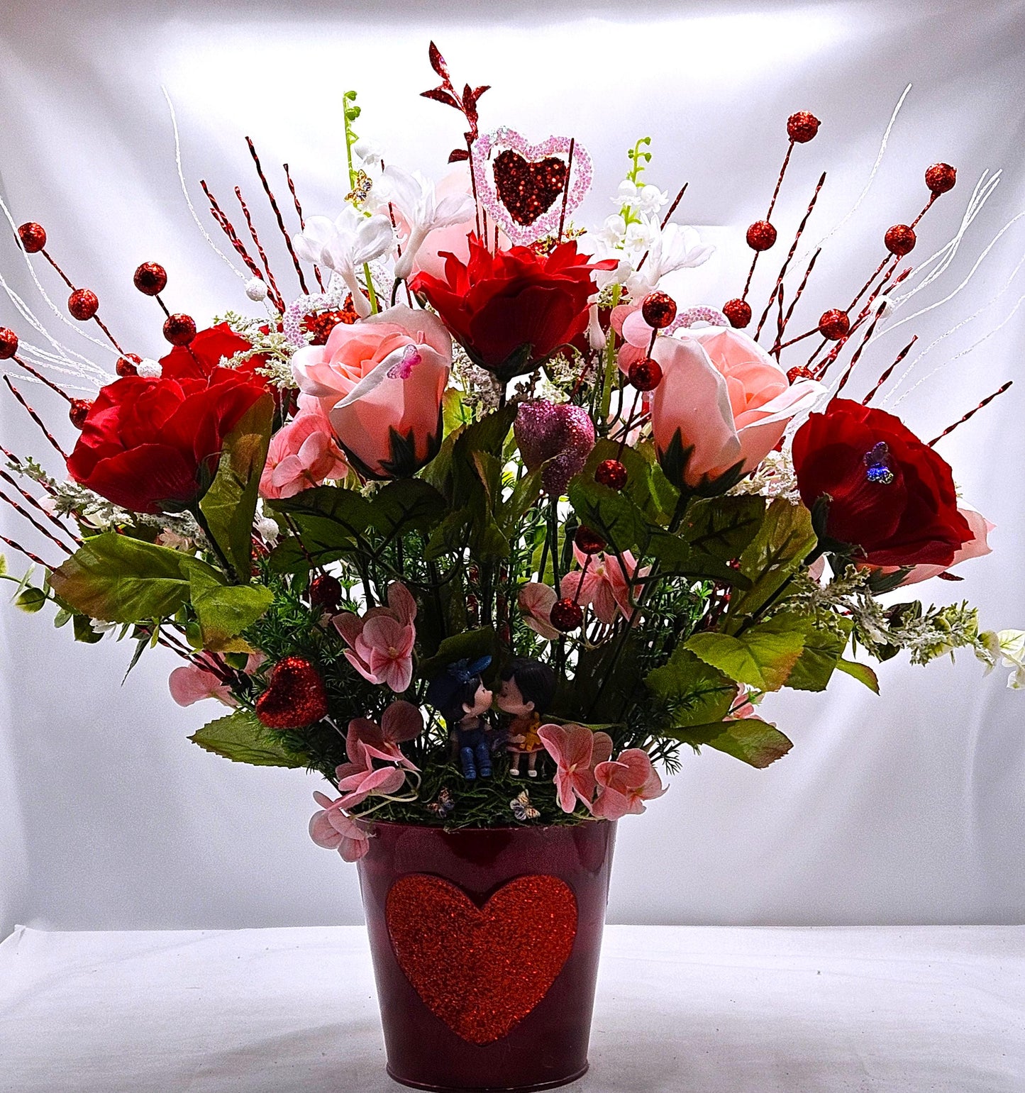 Romantic Flower Centerpiece with Pink and Red Roses, Kissing Couple, Valentine Decor, Butterflies, Hearts, Glitter Accents