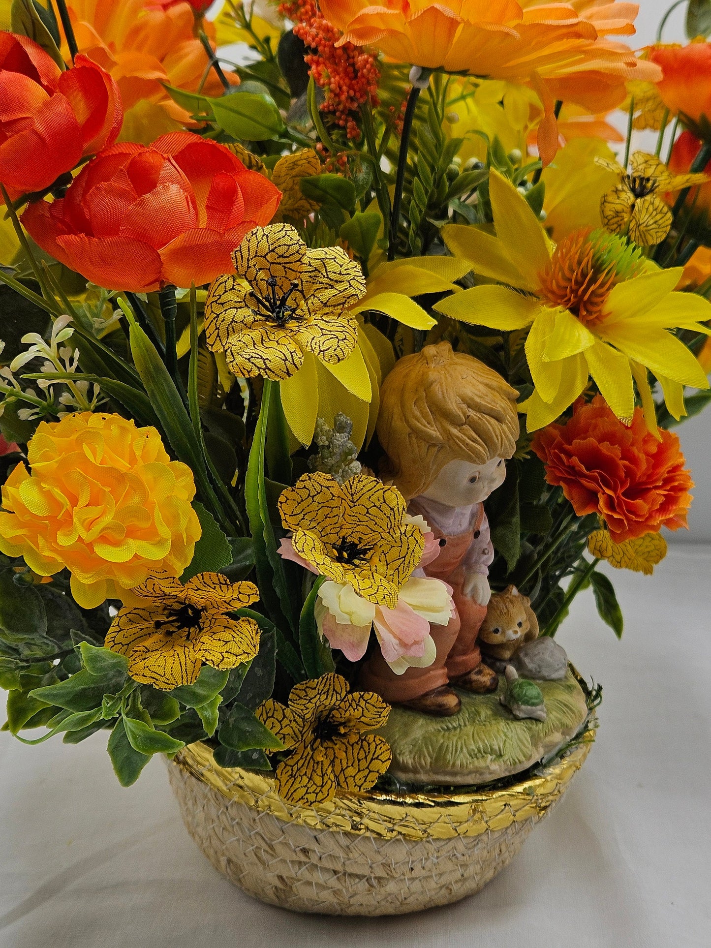 Flower Arrangement Set in Woven Basket, Boy with Cat and Turtle Figurine, Vibrant Yellow/Orange/White Flowers, Home Decor