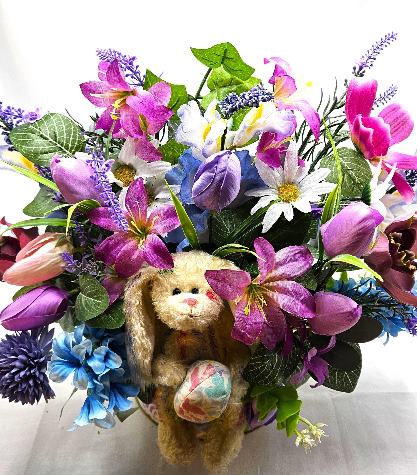 Large Easter Egg Tin with Vintage Rabbit Holding an Egg and Sitting amidst Purple/Lilac Lilies/Tulips and Blue Hyacinths