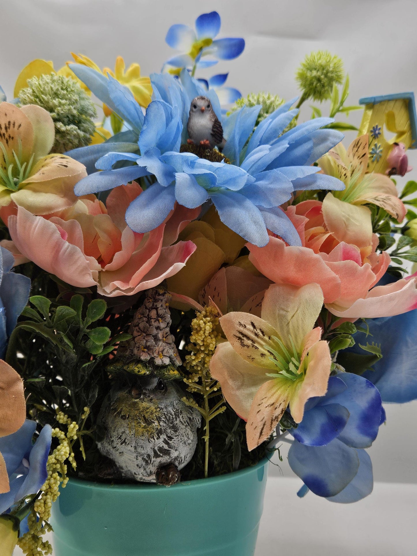 Bird Inspired Flower Arrangement in an Aqua Blue Pot with Peach/Blue/Yellow Flowers, Birid Accents, Bird Lover Gift, Great Home Gift Idea