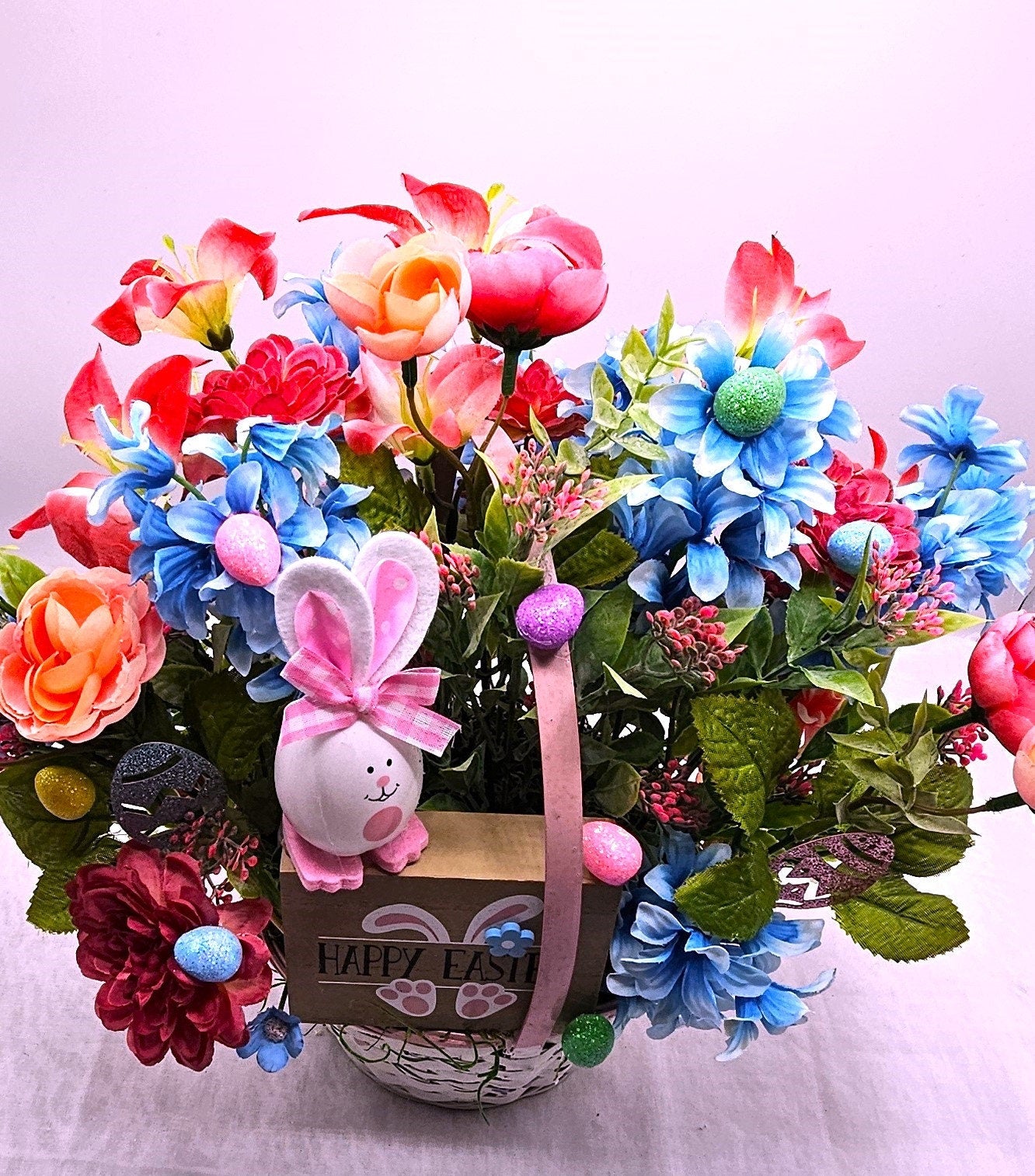 Springtime Delight Handmade Happy Easter Bunny Flower Basket with Glitter Eggs and Pastel Flowers